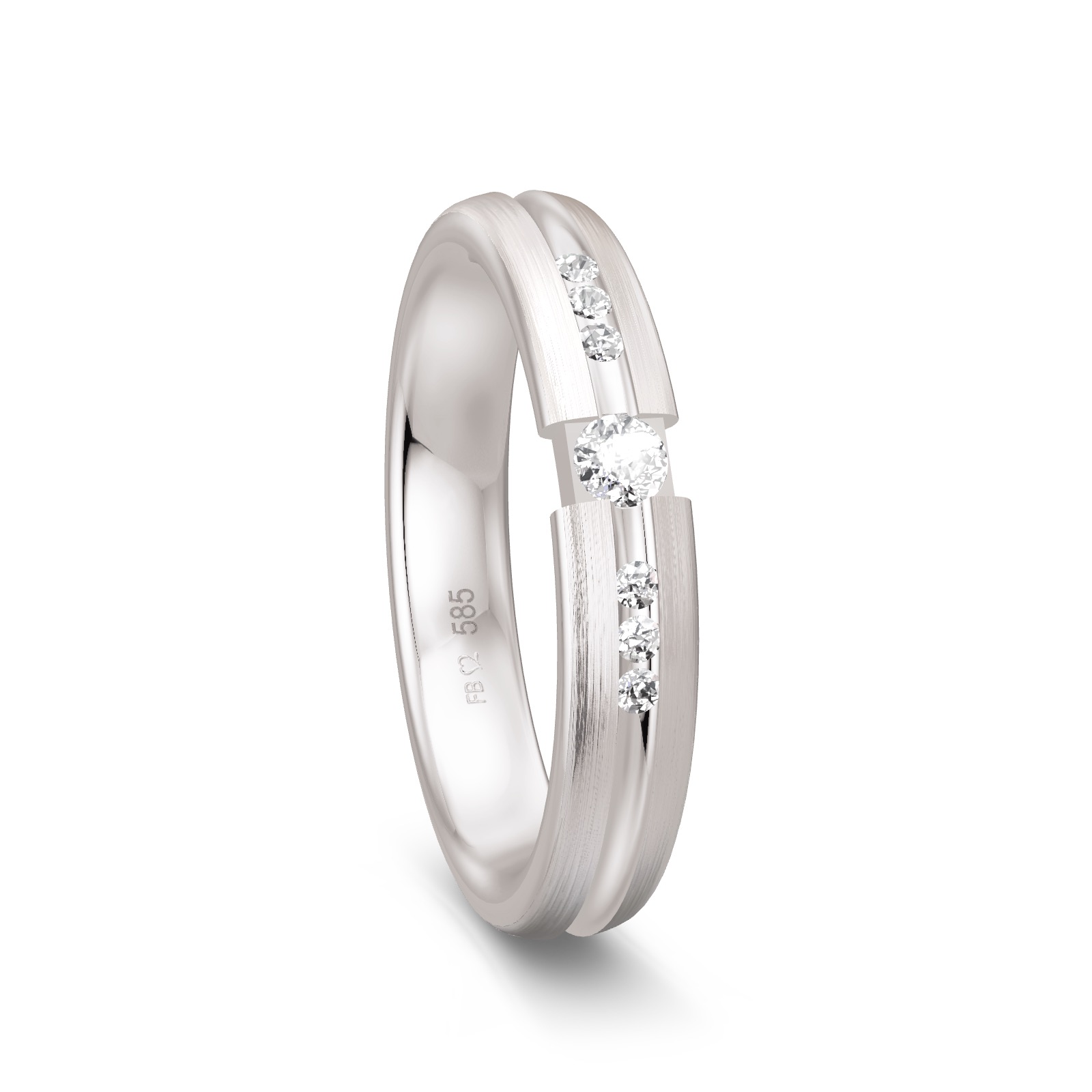 Ehering in Weißgold längs mattiert mit Diamanten in glänzender Rille 