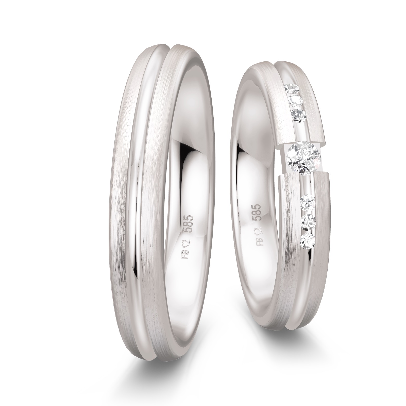 Eheringe in Weißgold längs mattiert mit Diamanten in glänzender Rille 