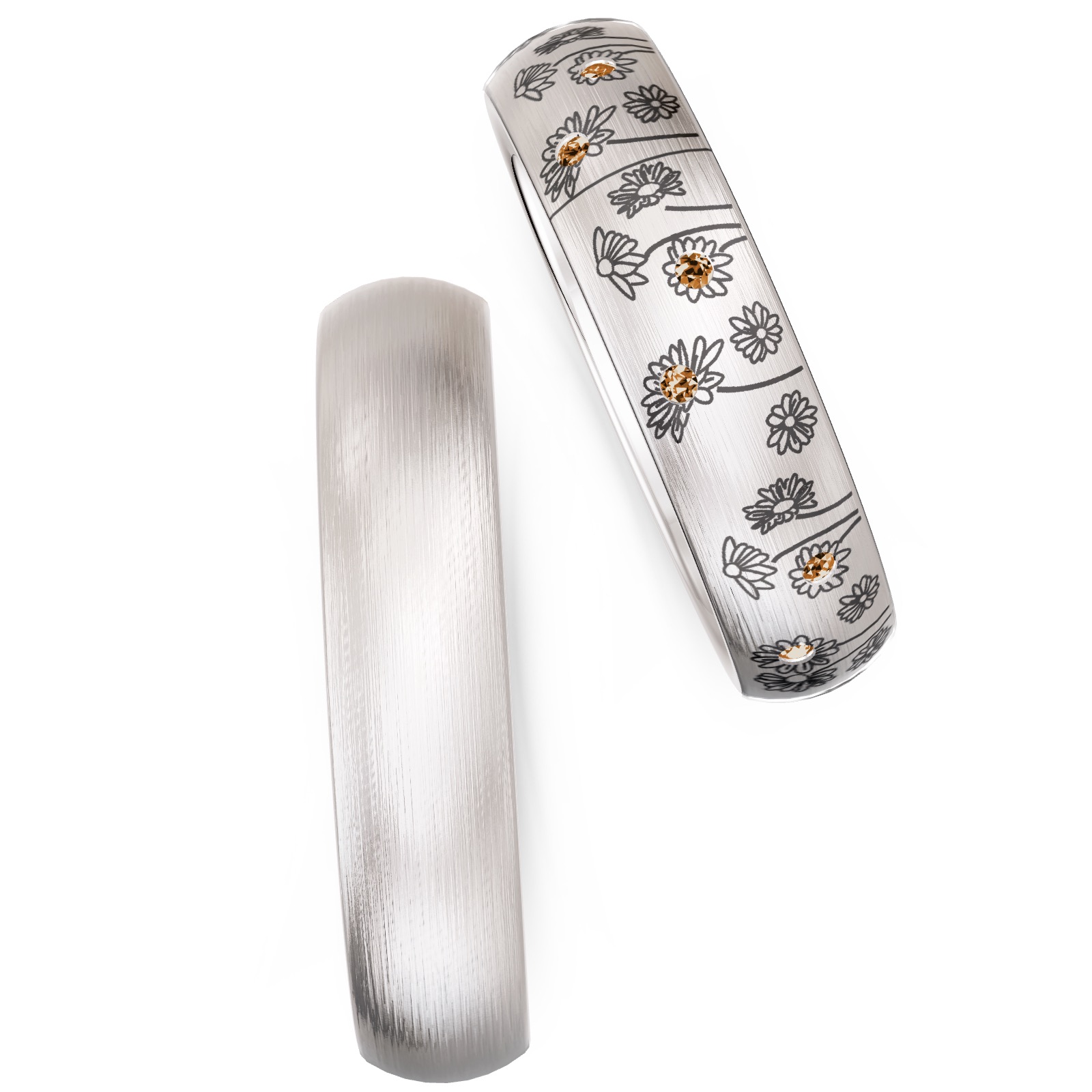 Weißgold Trauringe mit Blumenmuster als Dekor und vierzehn Diamanten 