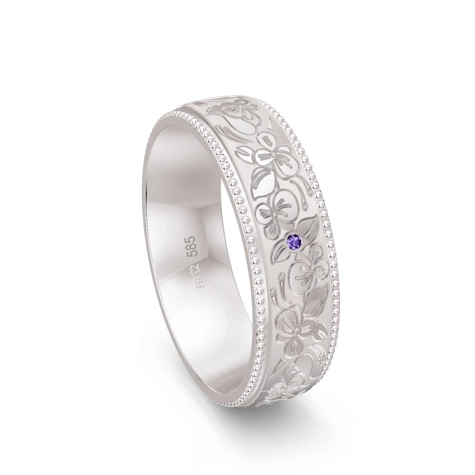 Weißgold Antragsring mit kunstvoll eingravierten Blumen und Diamant in Violett