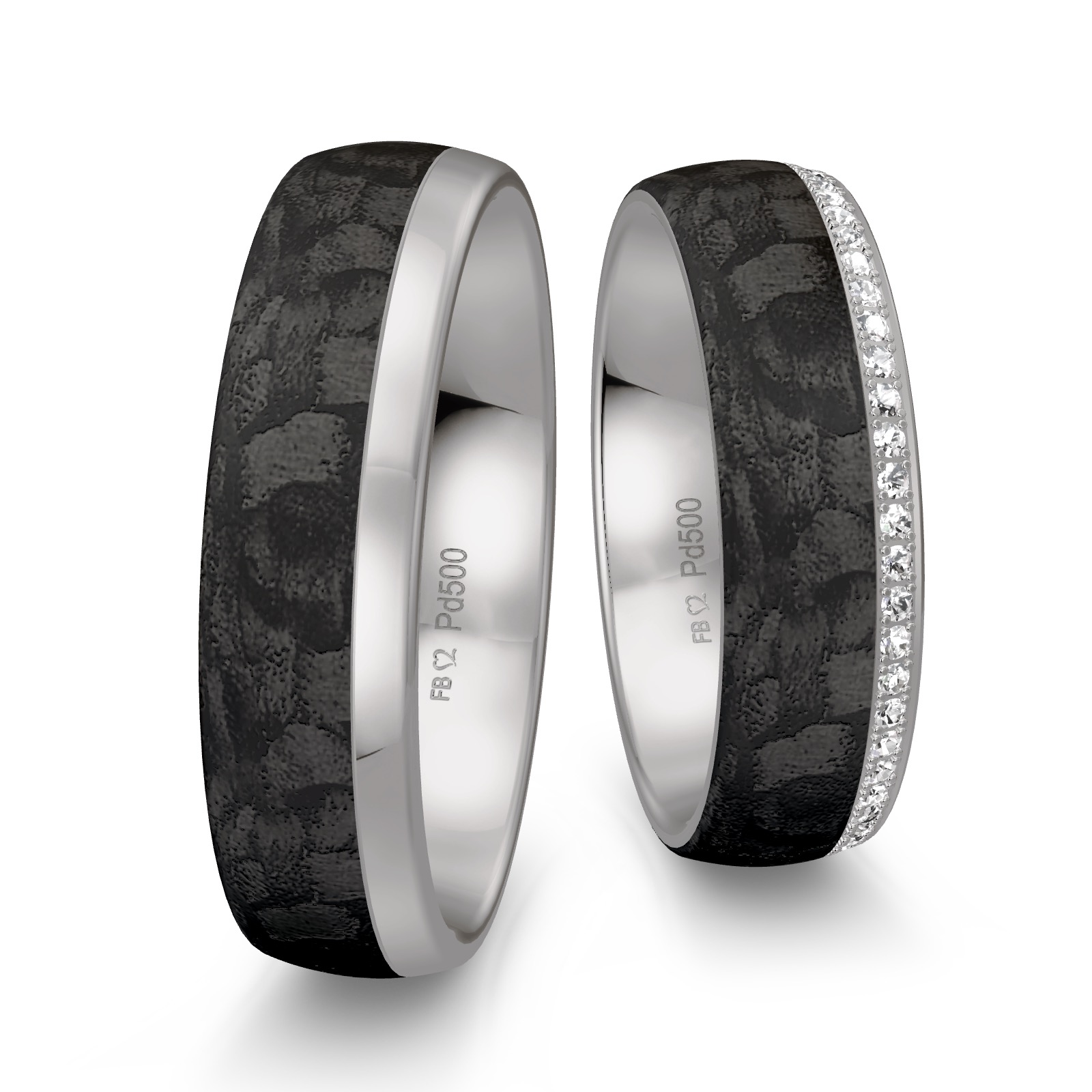 Eheringe aus Palladium 500 und Carbon mit Diamantenband