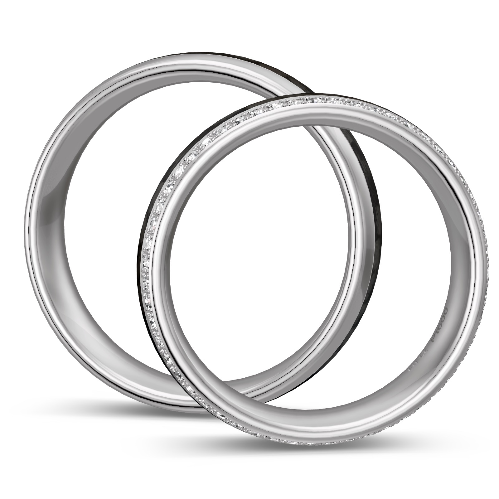 Eheringe aus Platin und Carbon mit vielen Diamanten in Seitenansicht