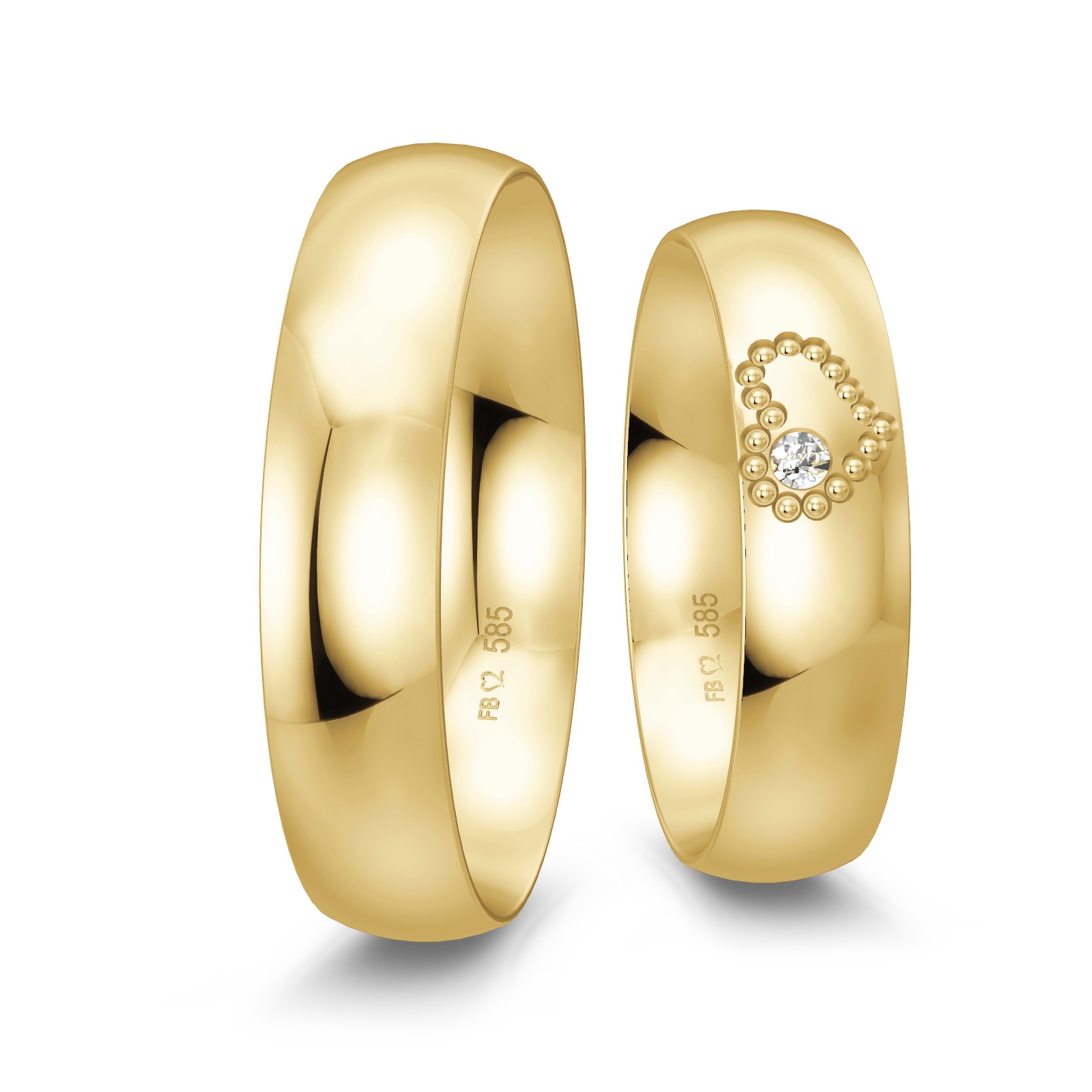 Polierte Eheringe aus Gelbgold mit Diamanten und Herzmuster