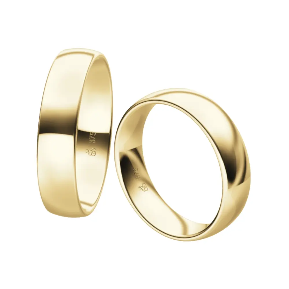 Eheringe aus poliertem Gelbgold mit 1,5 mm Stärke und 5 mm Breite