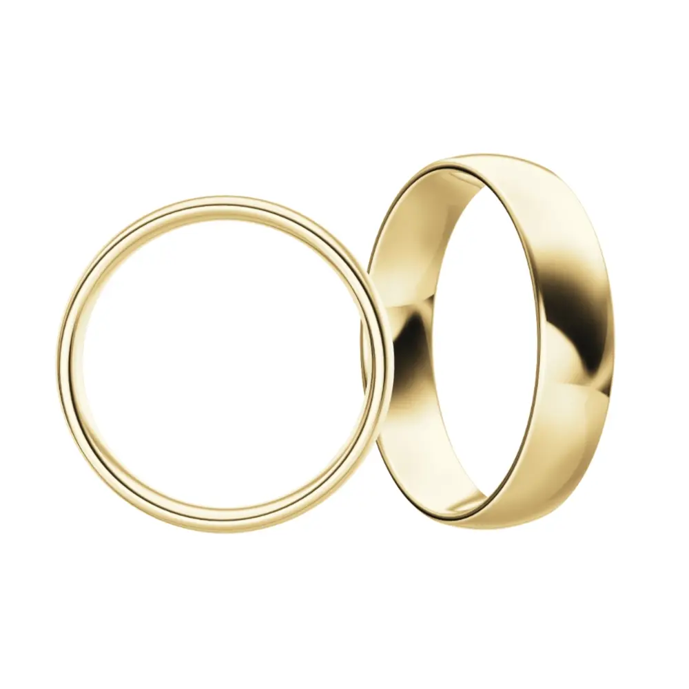 Eheringe aus poliertem Gelbgold mit 1,5 mm Stärke und 5 mm Breite in Seitenansicht