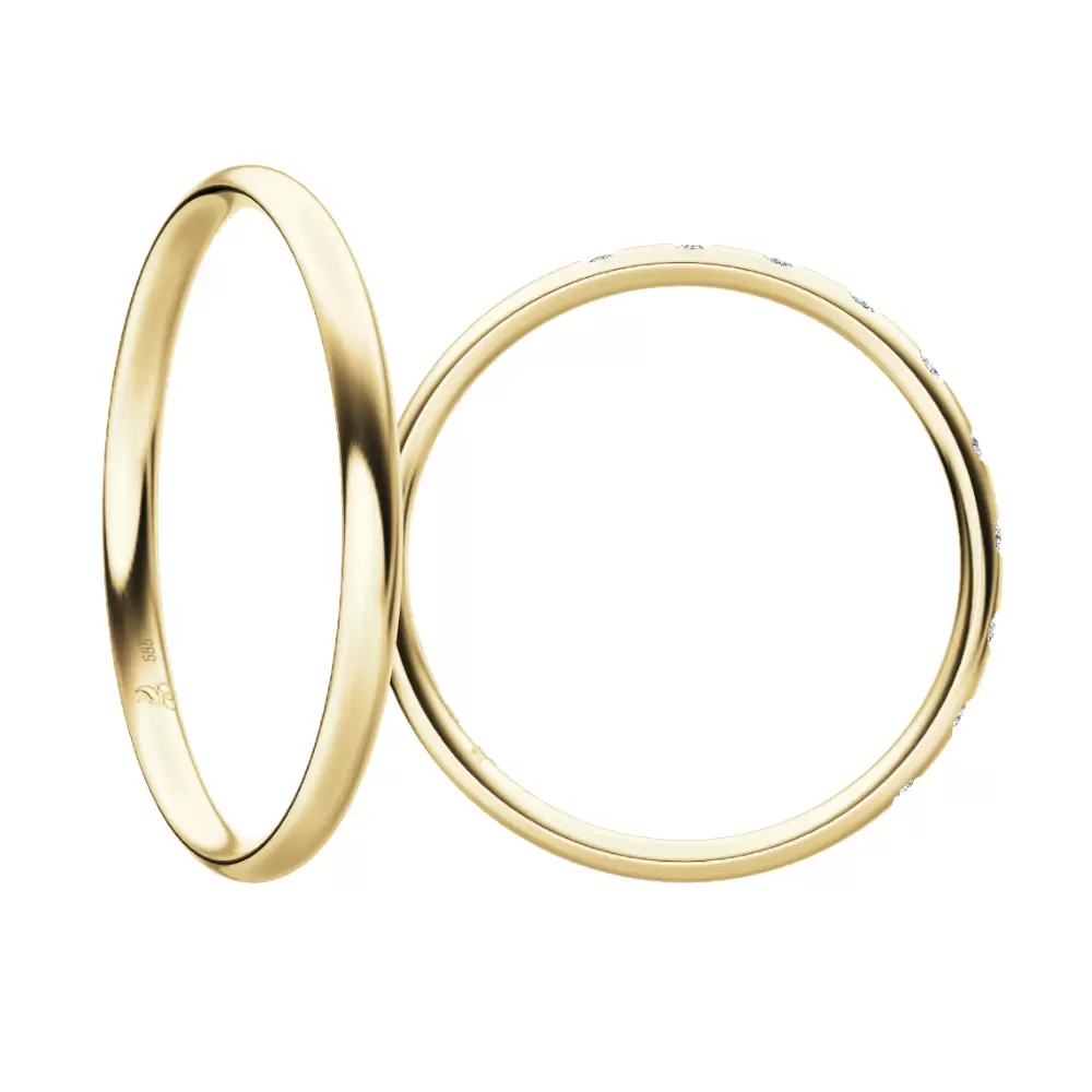 Gelbgold Eheringe in schmalem Design mit 10 Diamanten im Damenring seitlich