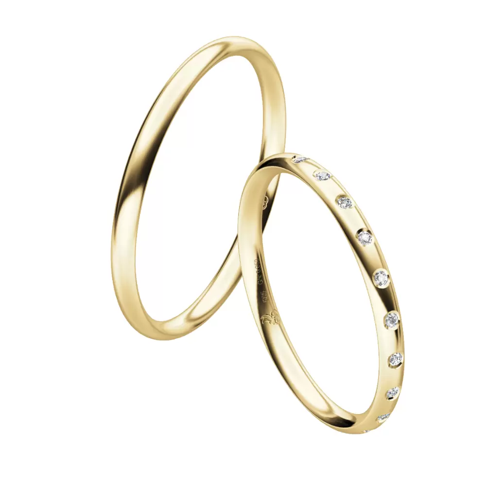 Gelbgold Eheringe in schmalem Design mit 10 Diamanten im Damenring