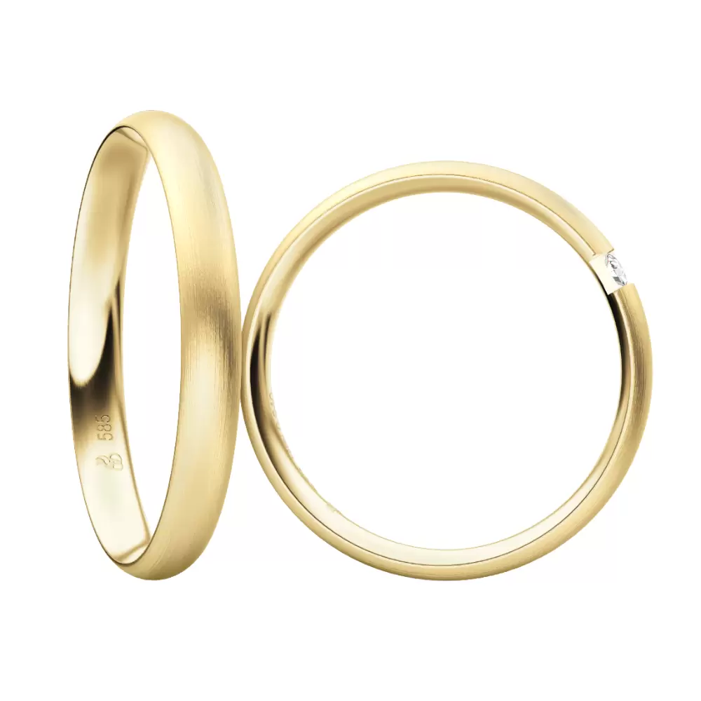 Gelbgold Eheringe mit 0,04 Karat Diamanten und längsmatter Oberfläche von hinten