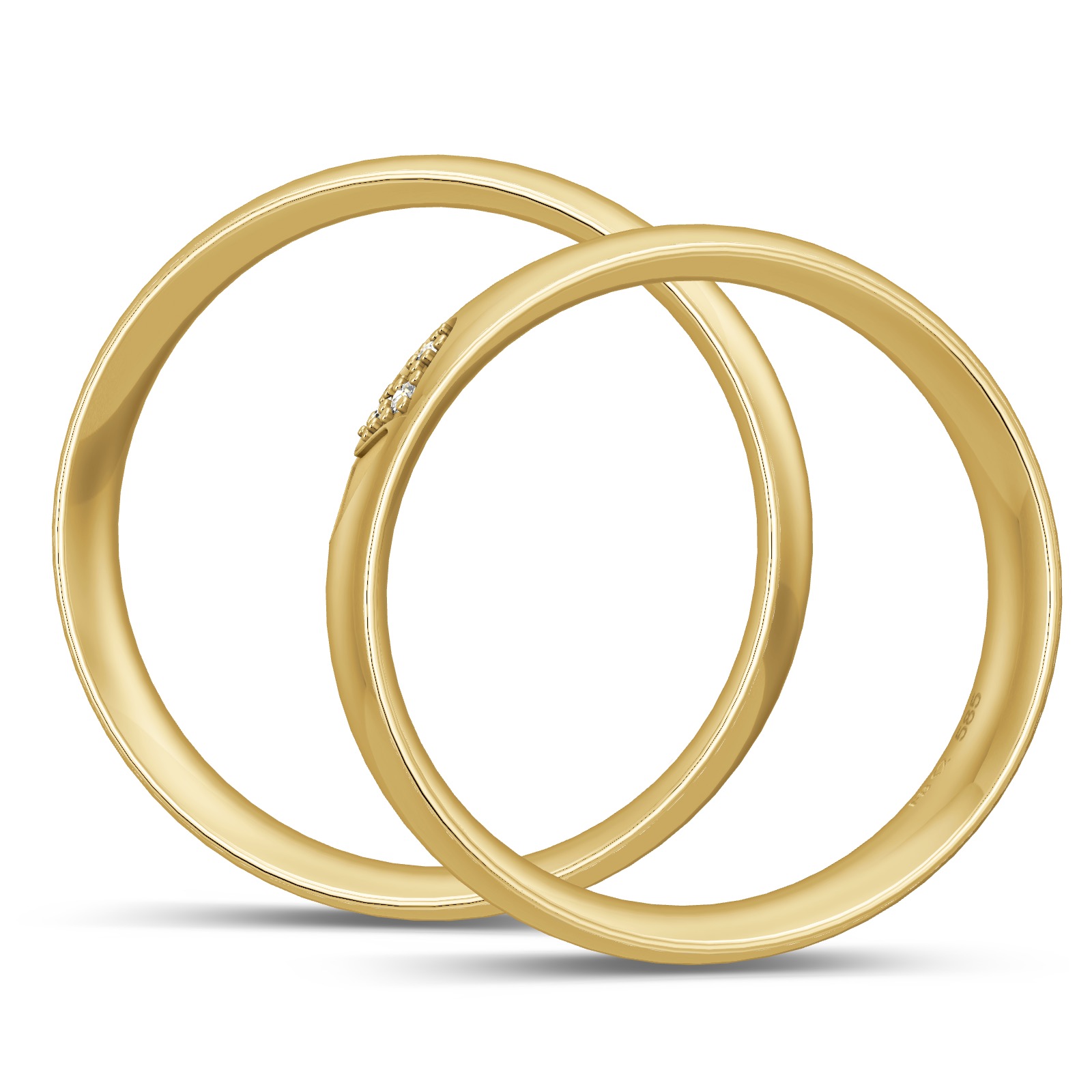 Polierte Eheringe aus Gelbgold mit Diamanten und Herzdesign im Damenring in Seitenansicht