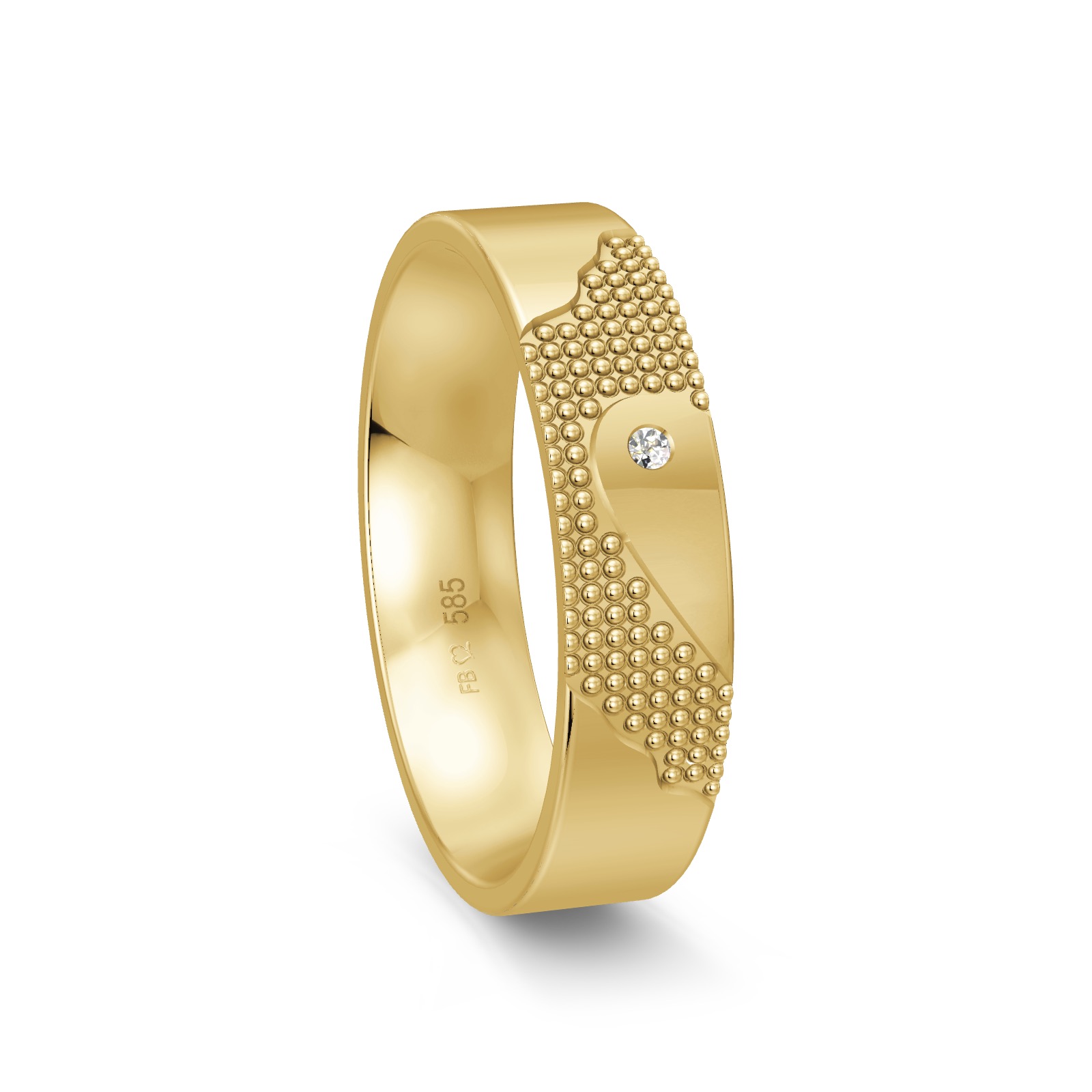 Ehering aus Gelbgold mit Diamanten und ringübergreifendem Herz und Polierung
