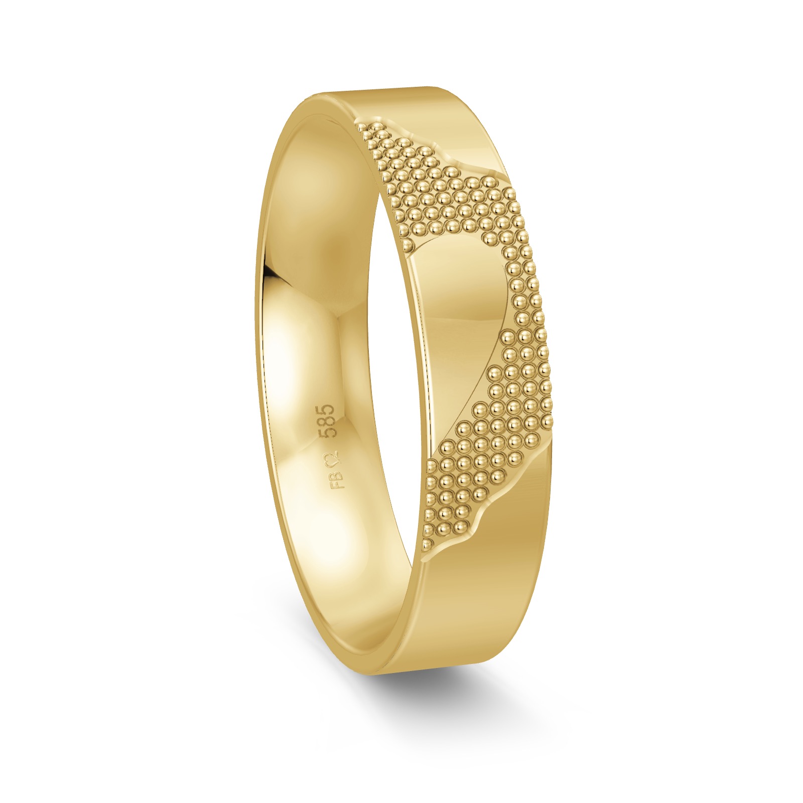 Ehering aus Gelbgold mit ringübergreifendem Herz und Polierung