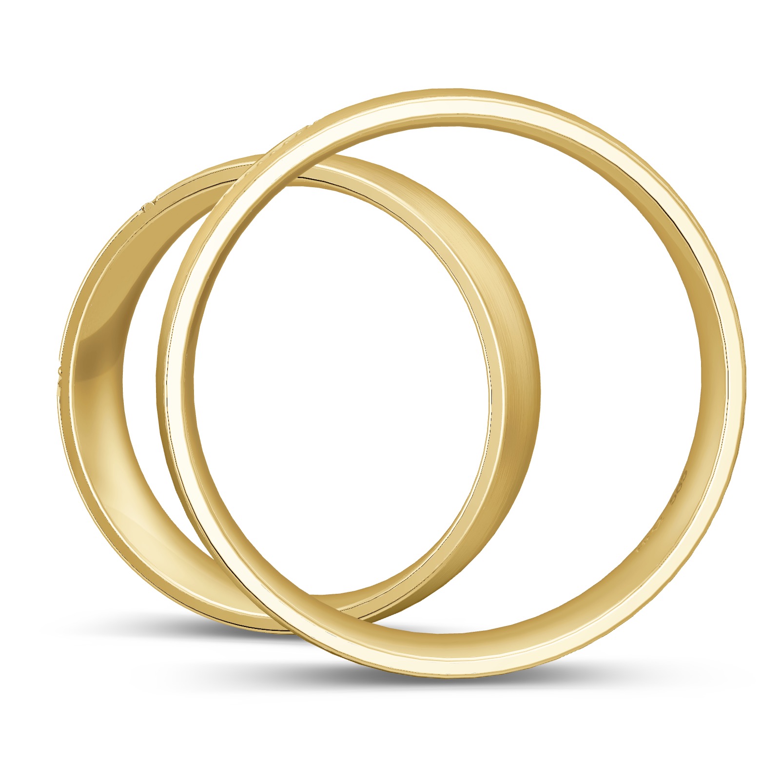längsmatte Eheringe aus Gelbgold mit Diamanten und ringübergreifendem Herz in Seitenansicht