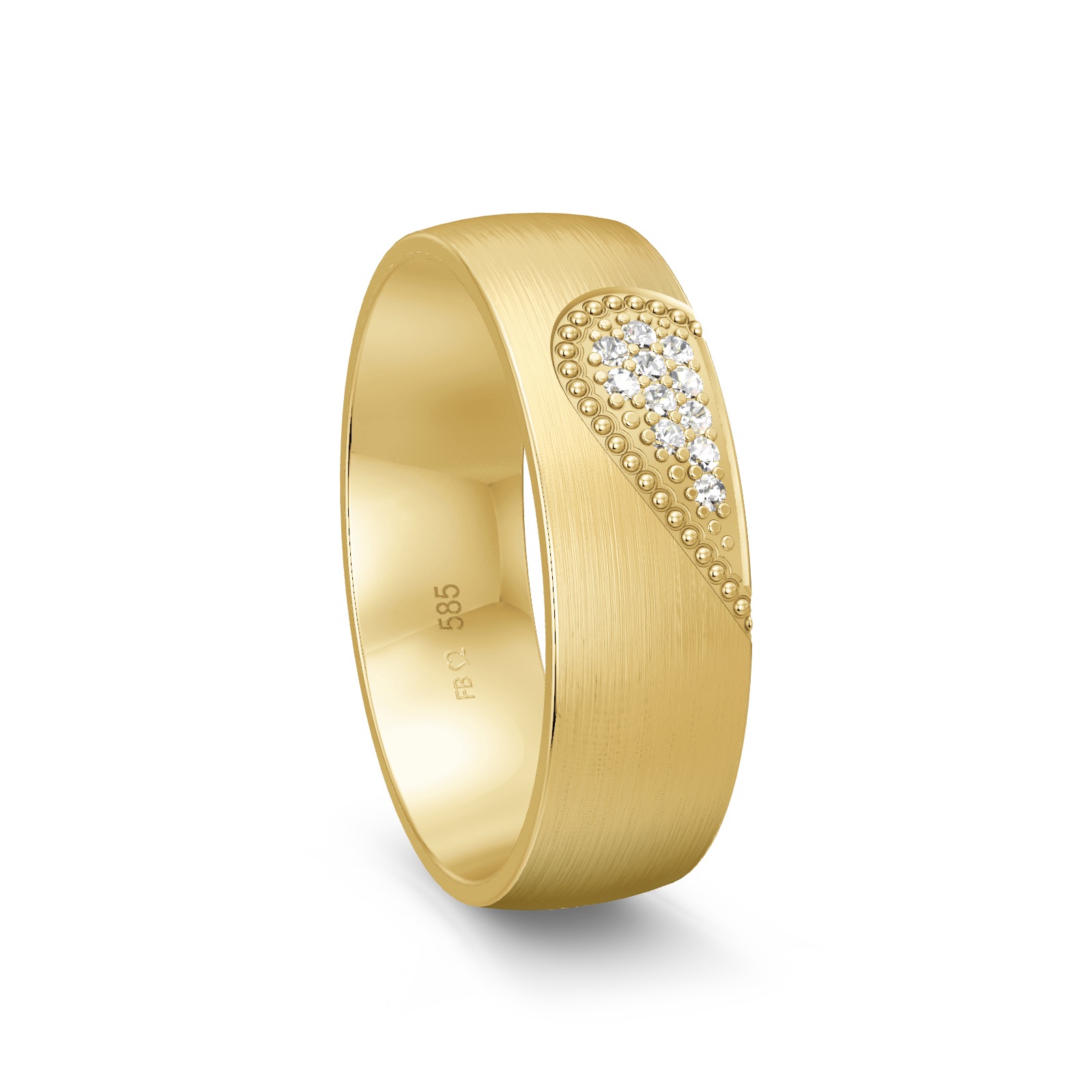 längsmatter Ehering aus Gelbgold mit Diamanten und ringübergreifendem Herz