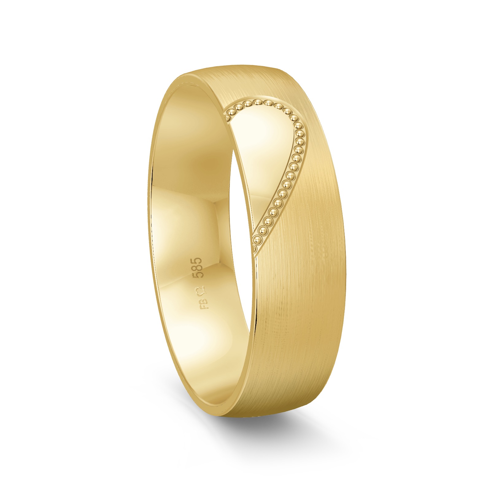 längsmatter Ehering aus Gelbgold mit ringübergreifendem Herz