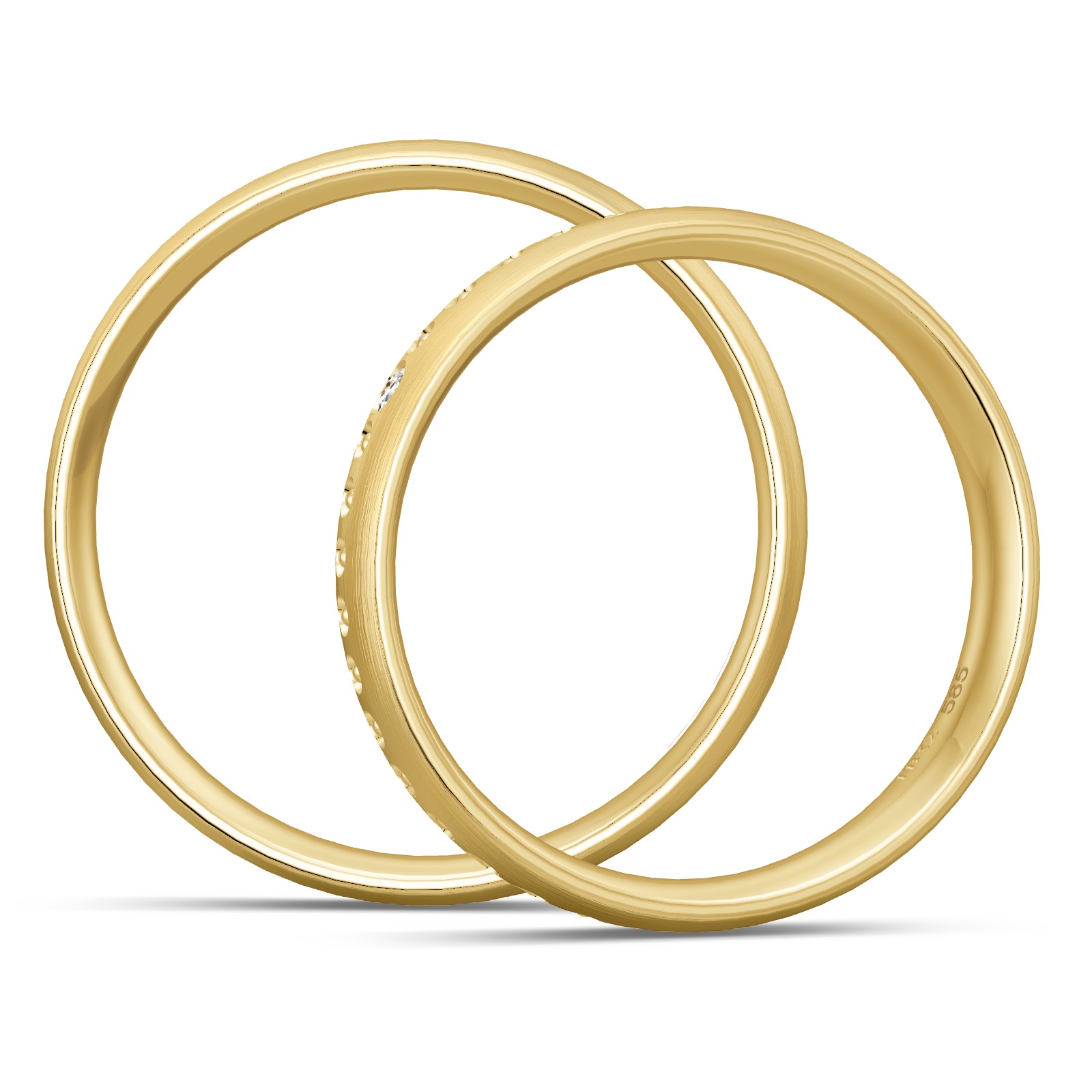 Mattierte Eheringe aus Gelbgold mit Diamanten und Millgriff in Seitenansicht