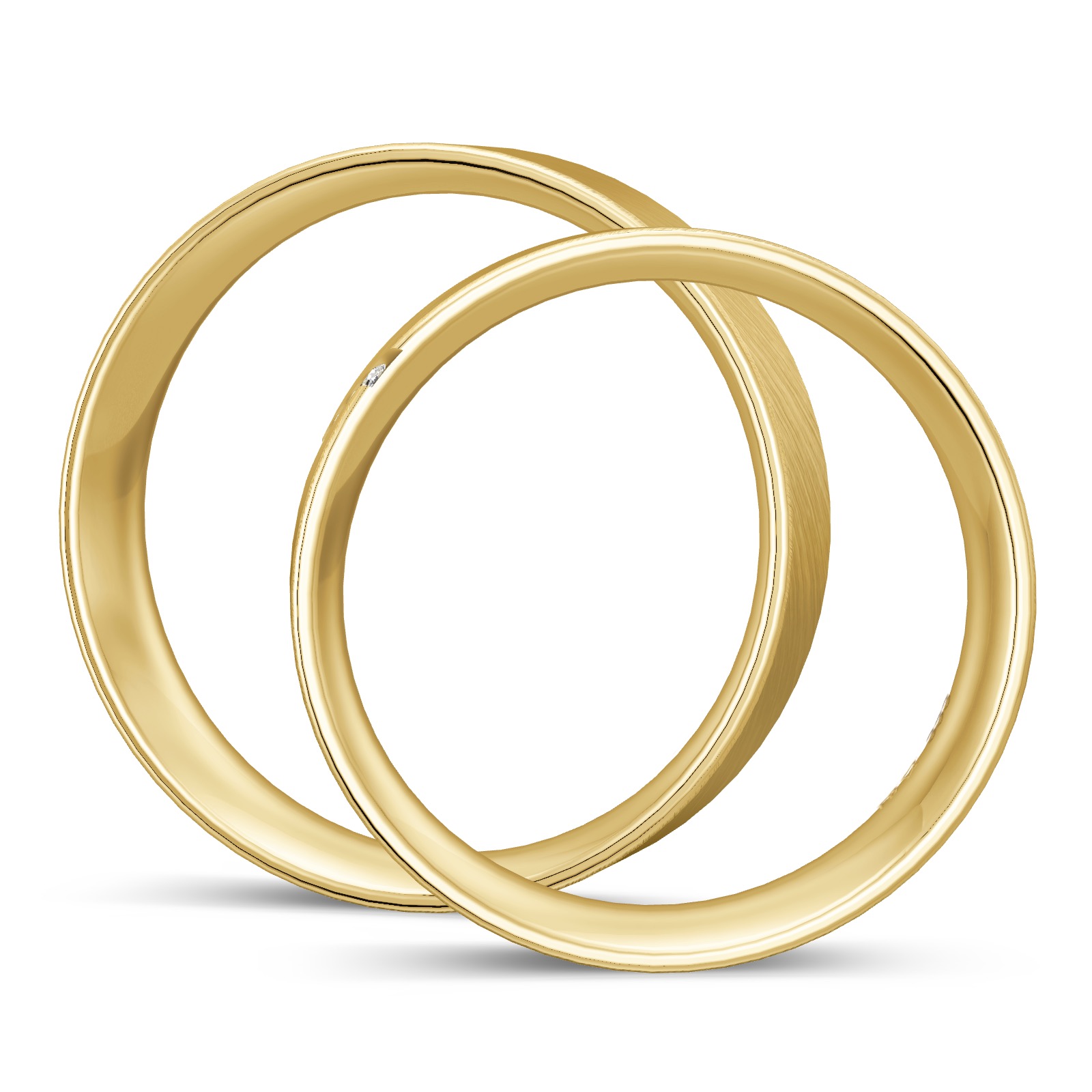 Gelbgold Eheringe mit 4 Diamanten und strichtmatter Oberfläche in Seitenansicht