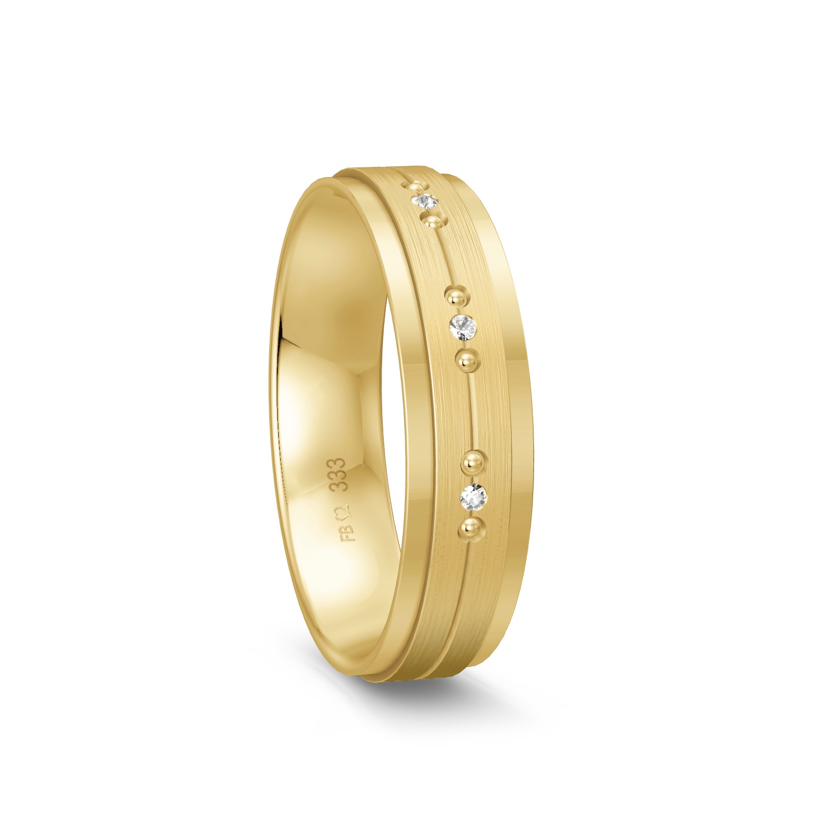 Matter und polierter Gelbgold Ehering mit 3 Diamanten