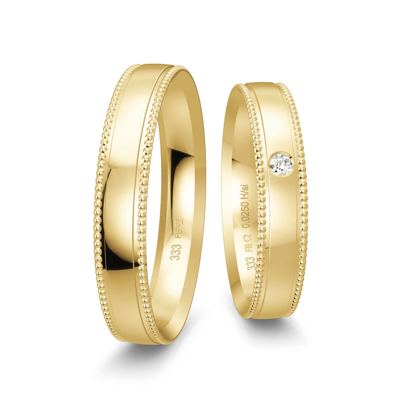 Polierte Eheringe aus Gelbgold mit Diamanten und Millgriff-Design