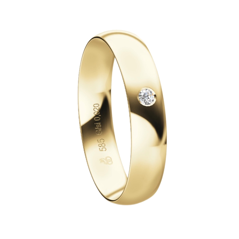 Trauring aus hochpoliertem Gelbgold in 4 mm mit Diamanten