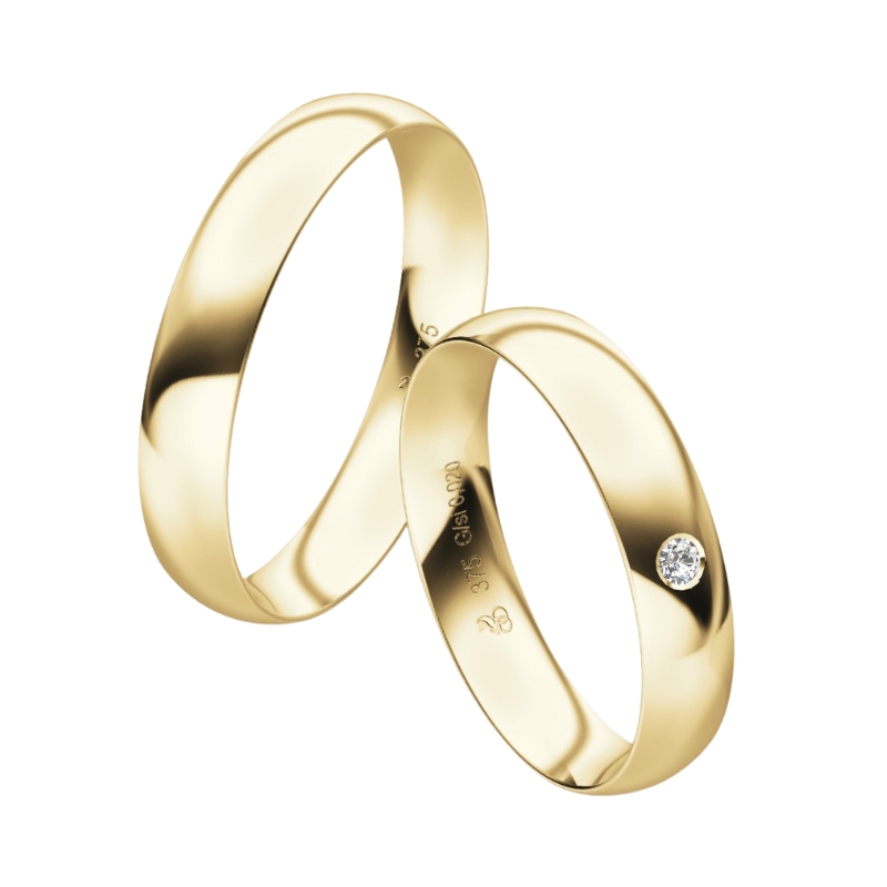 Trauringe aus hochpoliertem Gelbgold in 4 mm mit Diamanten