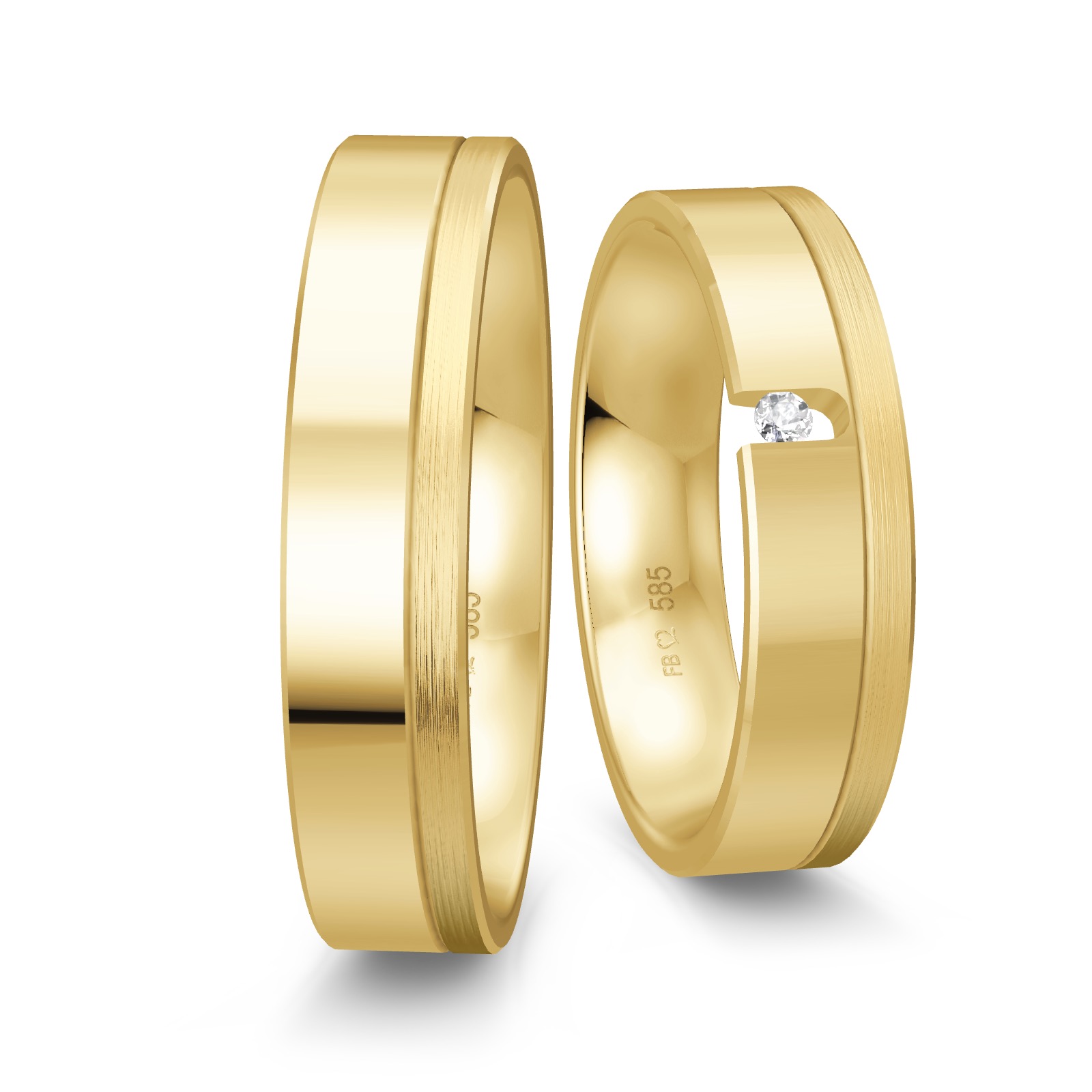 Polierte Trauringe aus Gelbgold mit mattiertem Rand und Diamant