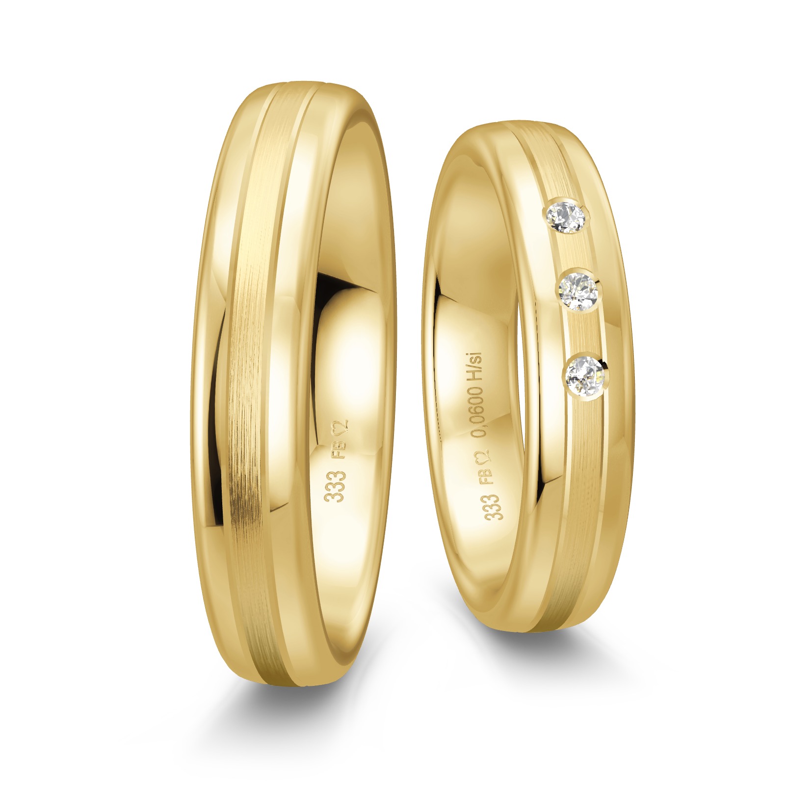 Gelbgold Eheringe mit polierten Rändern und matter Mitte mit 3 Diamanten