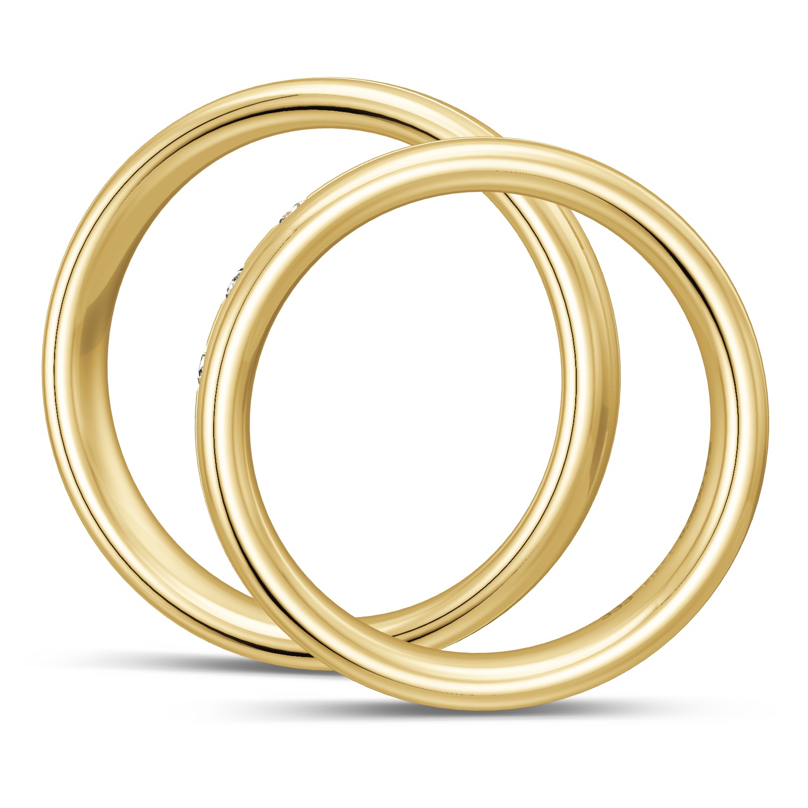 Gelbgold Eheringe mit polierten Rändern und matter Mitte mit 3 Diamanten in Seitenansicht