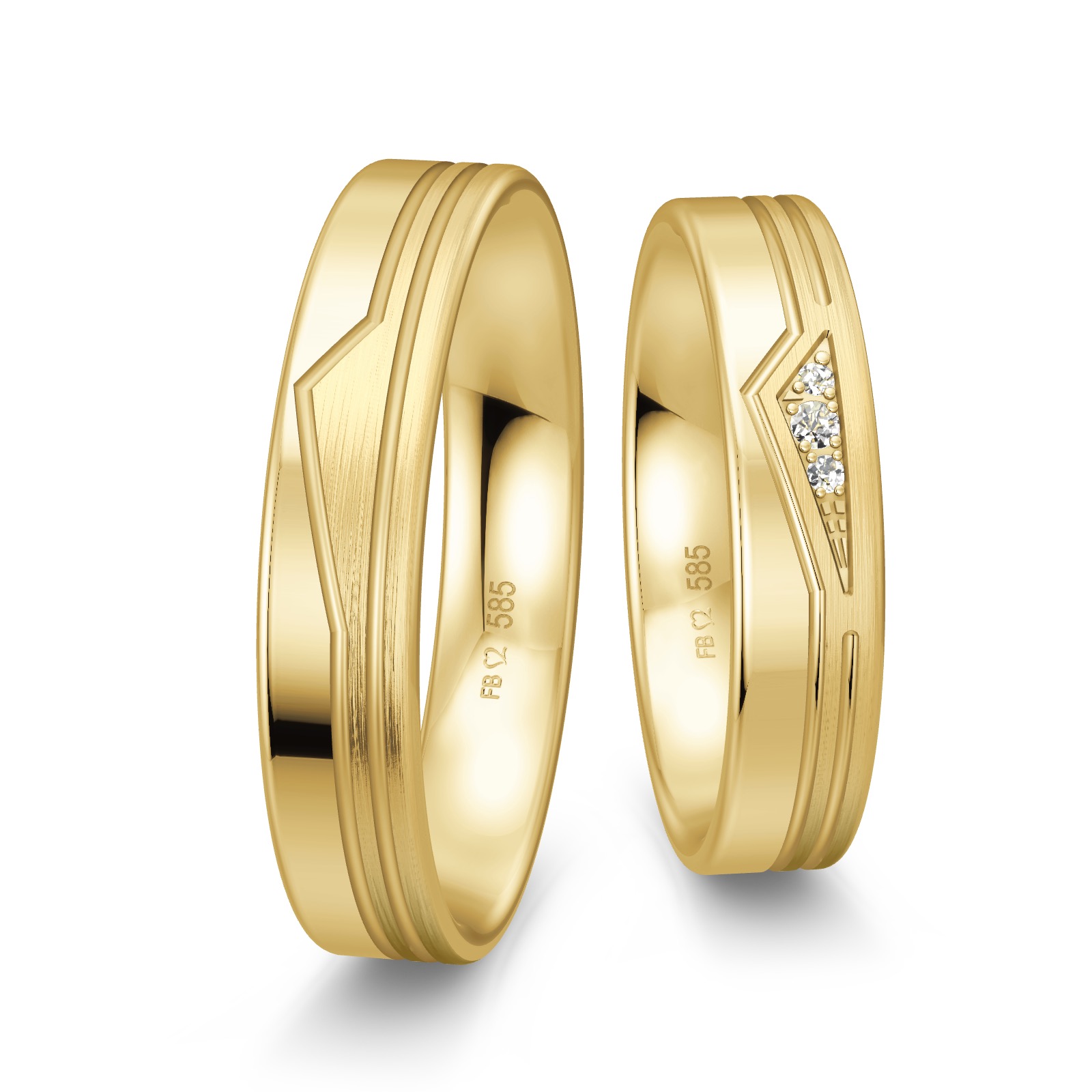 Polierte Gelbgold Trauringe mit Dreieck-Muster und 3 Diamanten