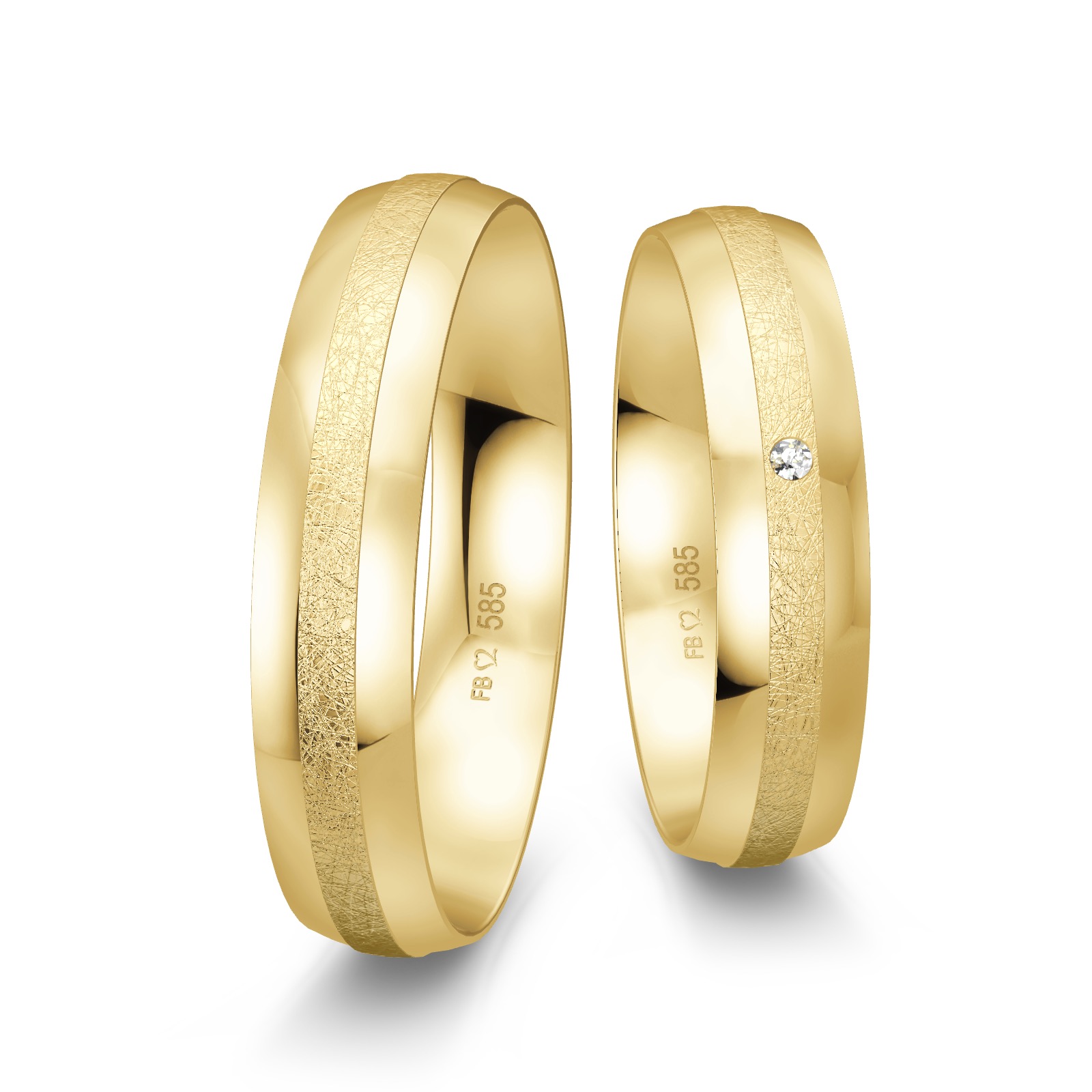 Gelbgold Eheringe mit eismattem Mittelstreifen und polierten Rändern und Diamant