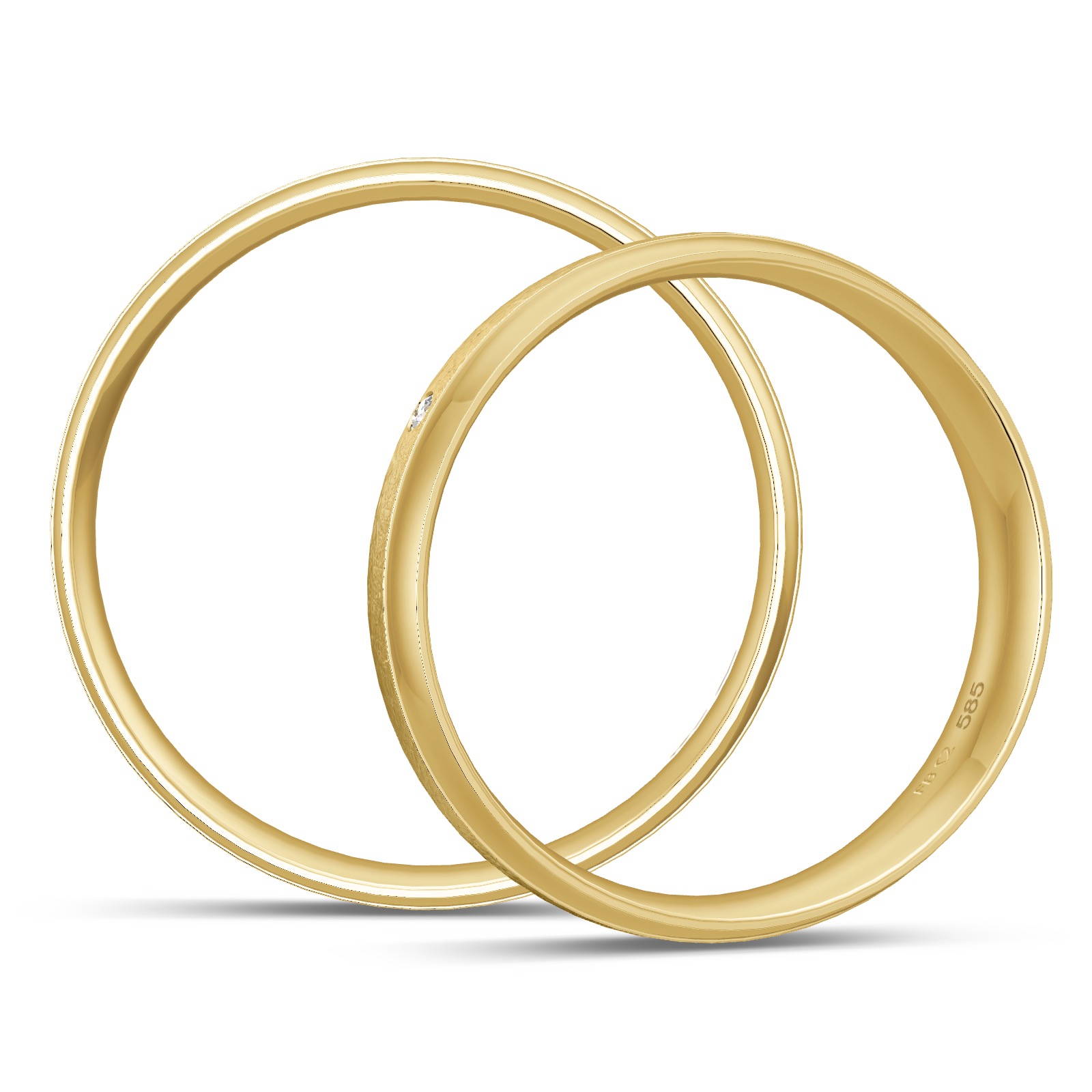 Gelbgold Eheringe mit eismattem Mittelstreifen und polierten Rändern und Diamant in Seitenansicht