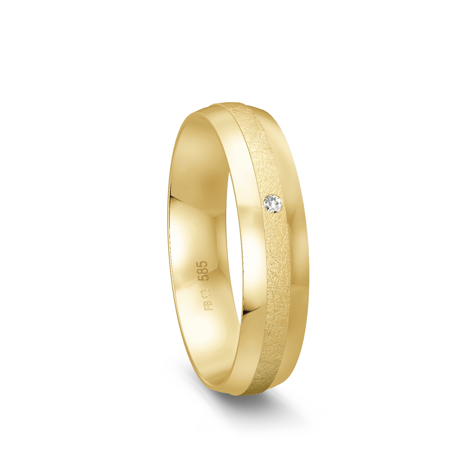 Gelbgold Ehering mit eismattem Mittelstreifen und polierten Rändern und Diamant