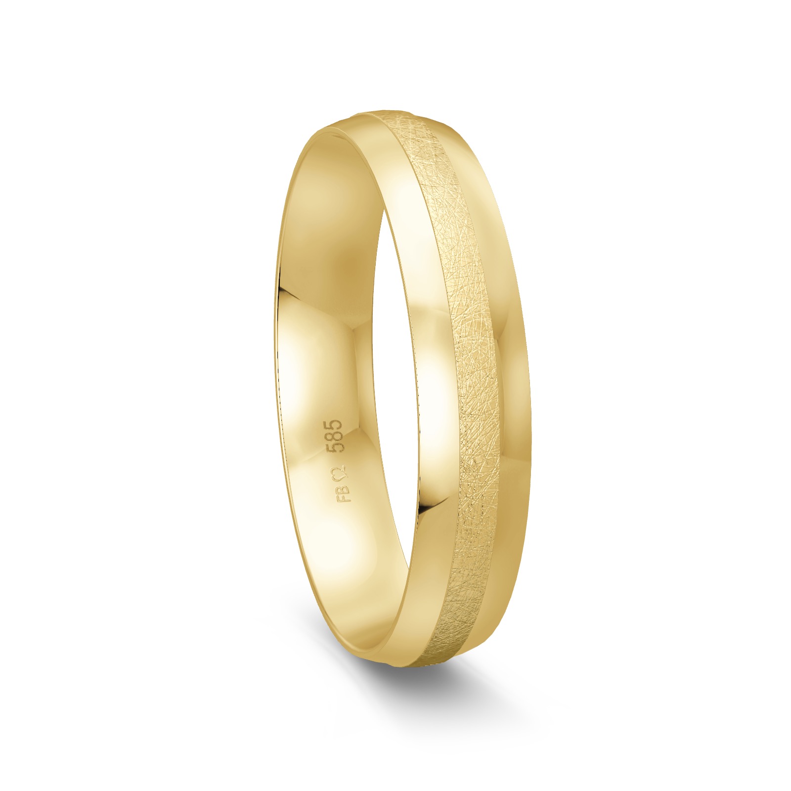 Gelbgold Ehering mit eismattem Mittelstreifen und polierten Rändern und Diamant