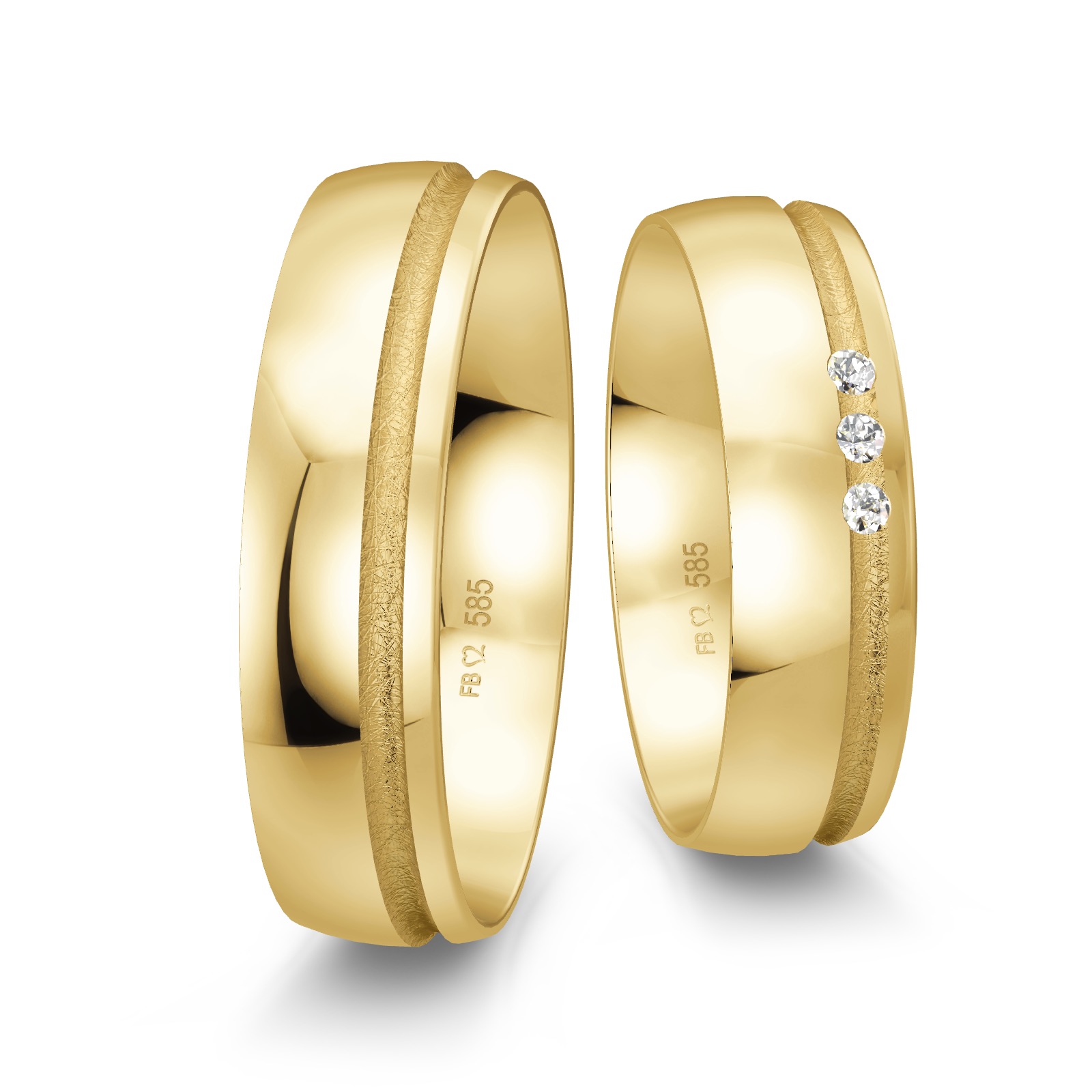 Gelbgold Eheringe mit mattierter Fuge und 3 Brillanten