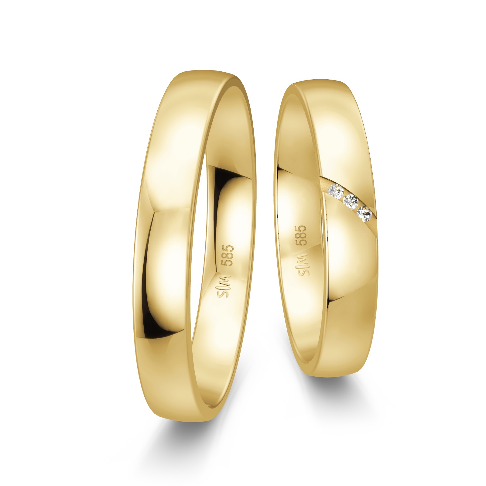 Schmale polierte Gelbgold Trauringe mit 3 Diamanten in diagonaler Kanalfassung