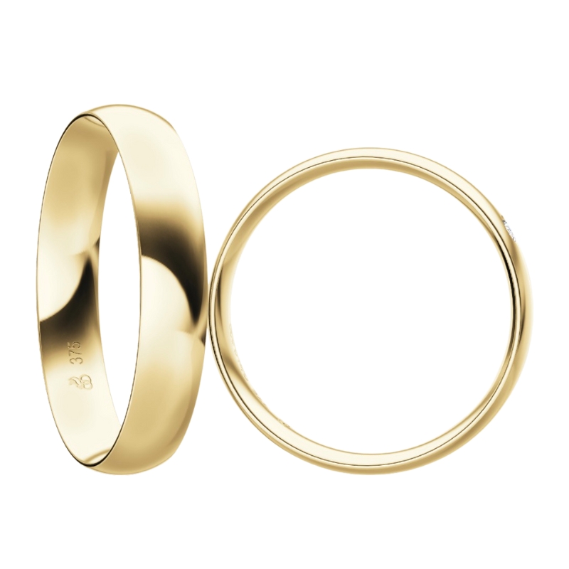Trauringe aus hochpoliertem Gelbgold in 4 mm mit Diamanten in Seitenansicht