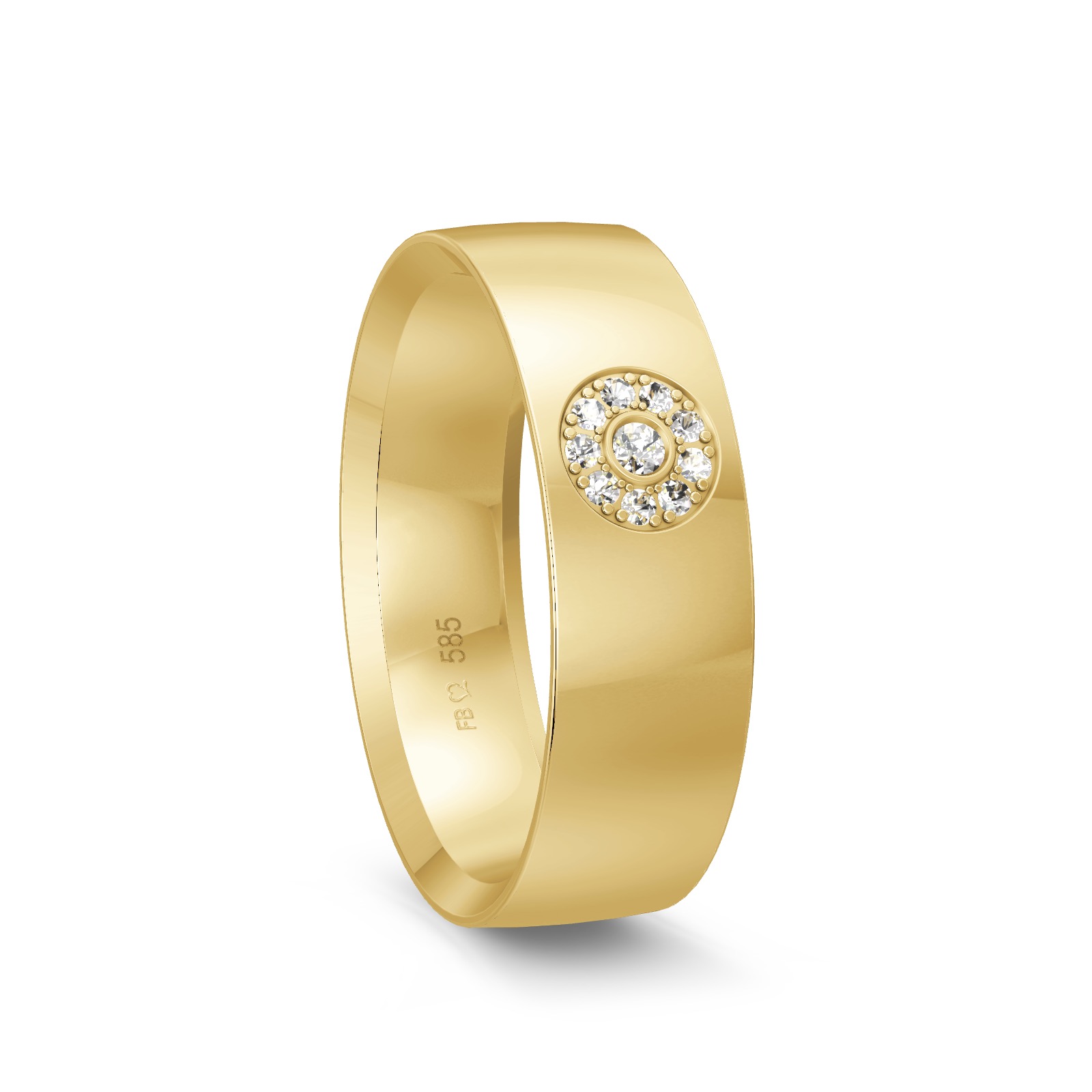 Ehering aus Gelbgold mit Diamanten als Kreis und Polierung