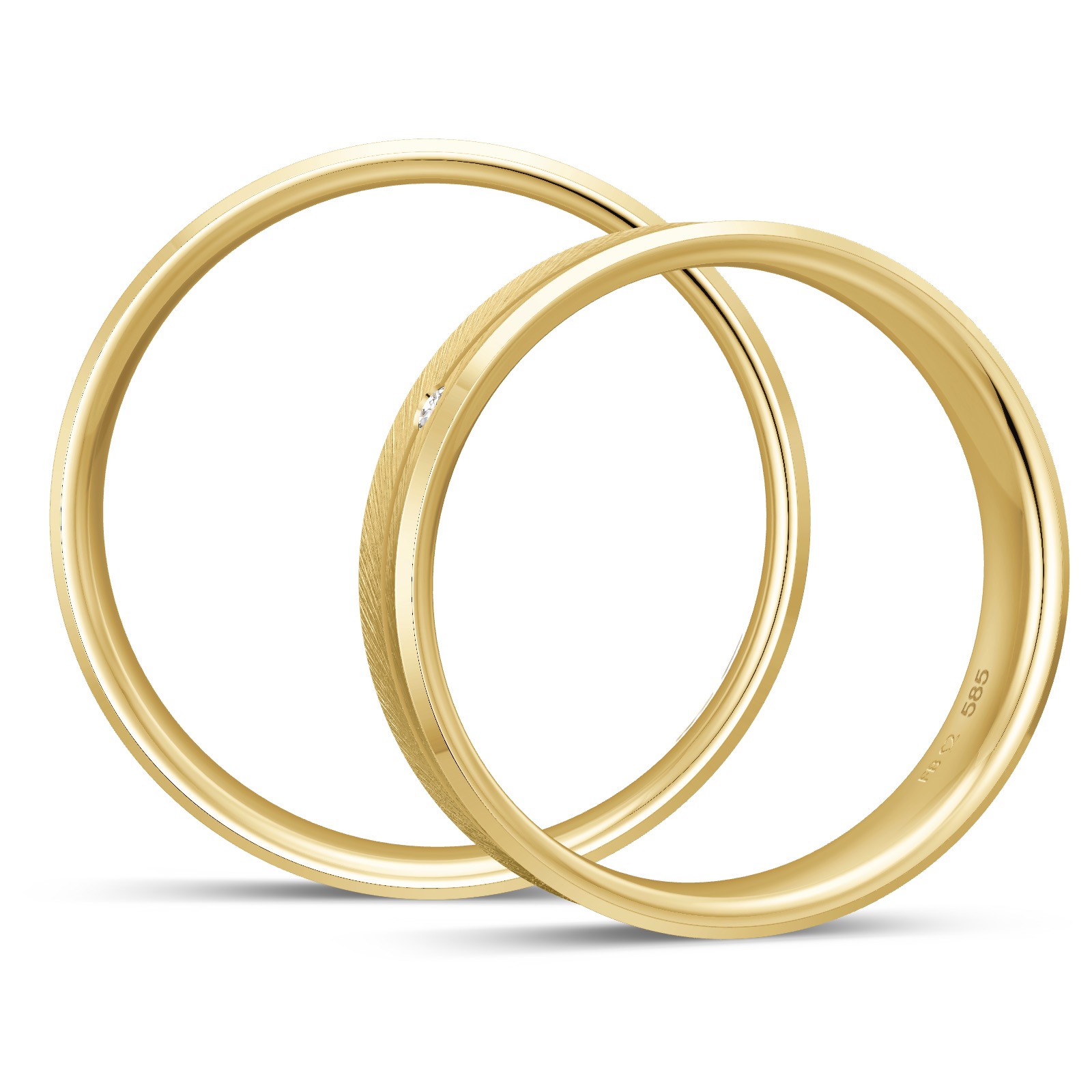 Trauringe aus schrägmattiertem Gelbgold mit Rille und Diamanten in Seitenansicht