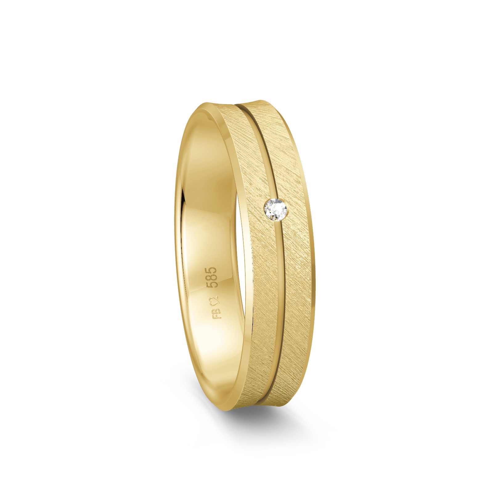 Trauring aus schrägmattiertem Gelbgold mit Rille und Diamanten