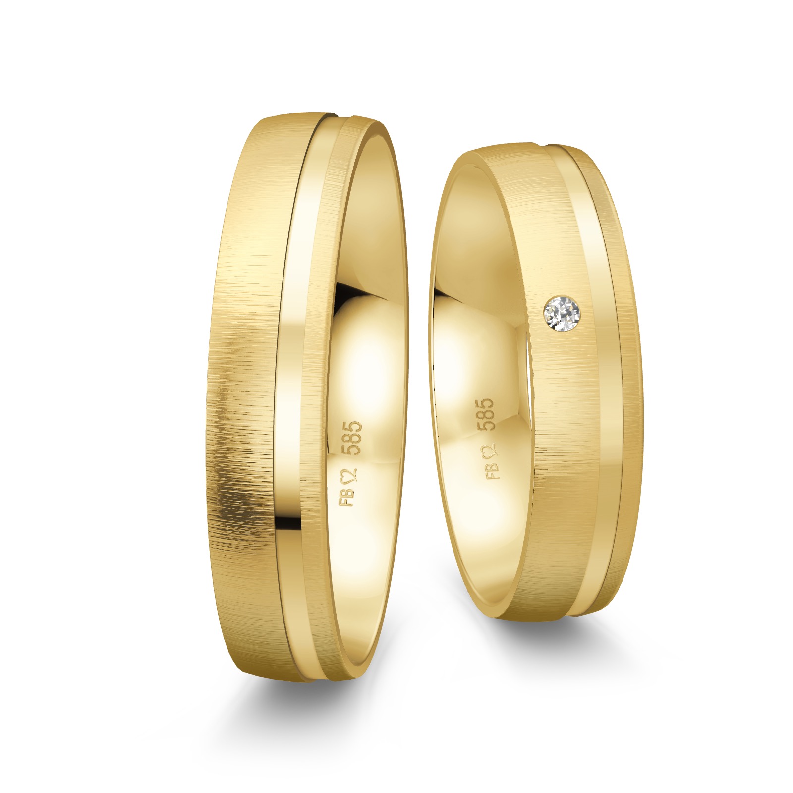 Gelbgold Eheringe quermattiert mit poliertem Streifen und Diamant