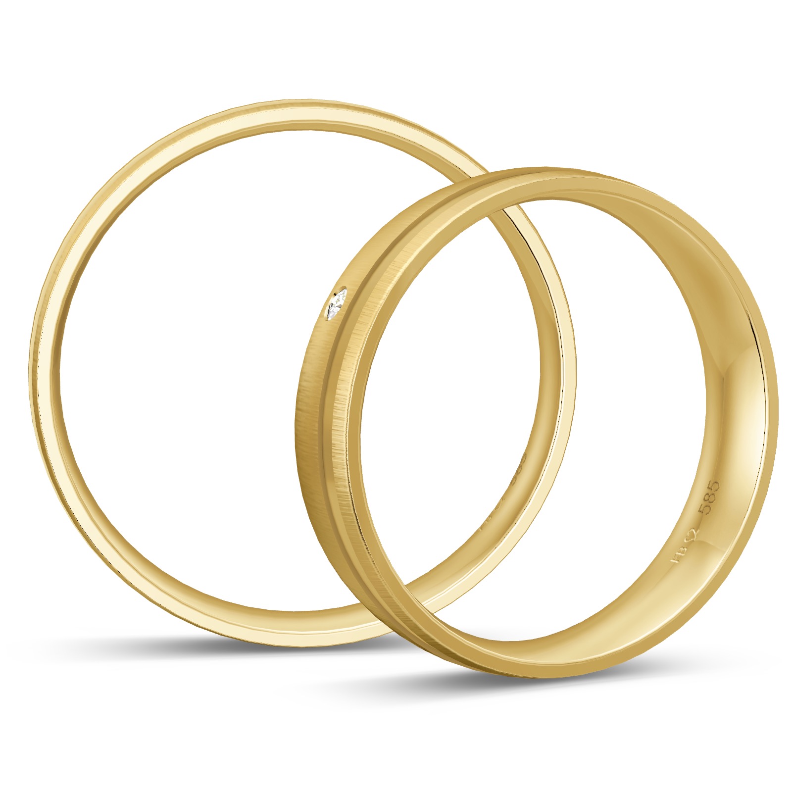  Gelbgold Eheringe quermattiert mit poliertem Streifen und Diamant in Seitenansicht