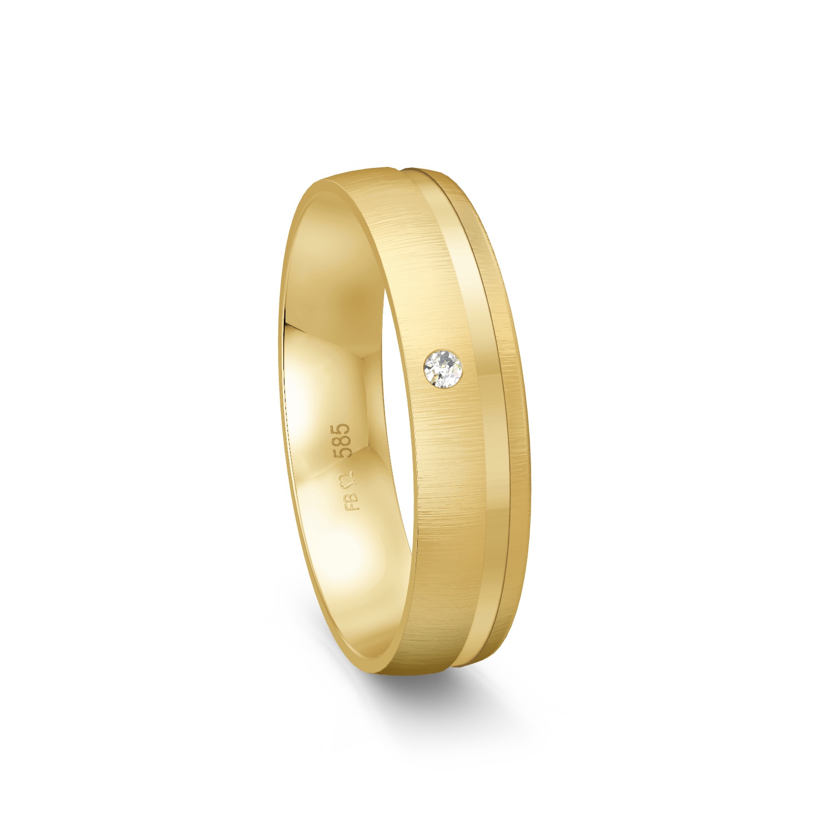 Gelbgold Ehering quermattiert mit poliertem Streifen und Diamant