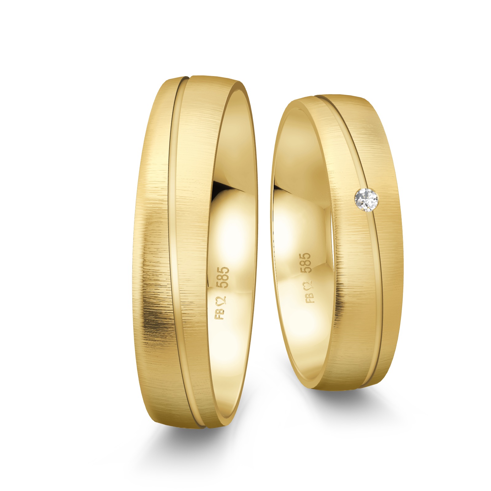 Gelbgold Eheringe quermattiert mit feiner Glanzrille und Diamanten