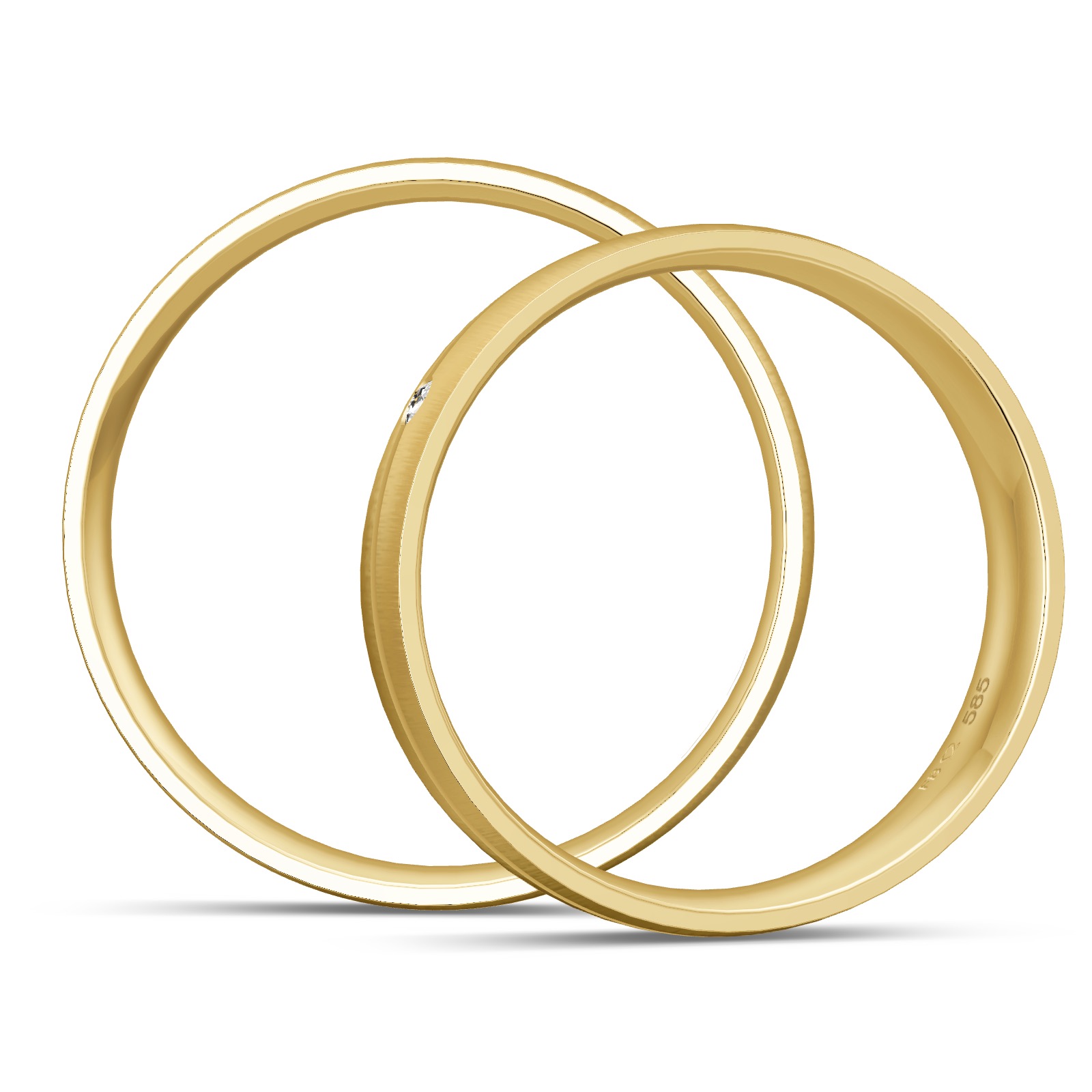Gelbgold Eheringe quermattiert mit feiner Glanzrille und Diamanten in Seitenansicht