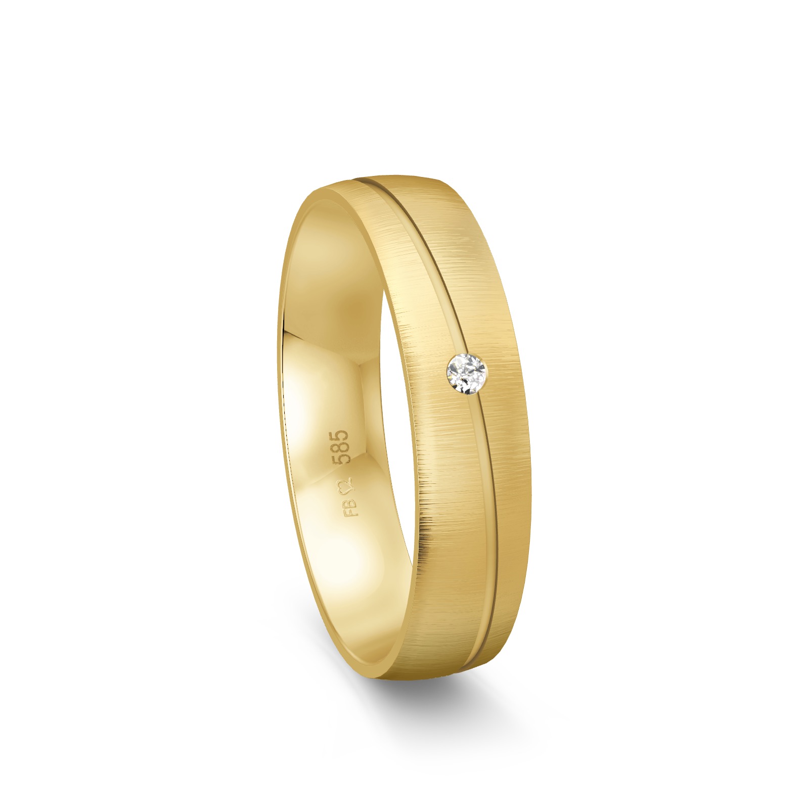 Gelbgold Ehering quermattiert mit feiner Glanzrille und Diamanten