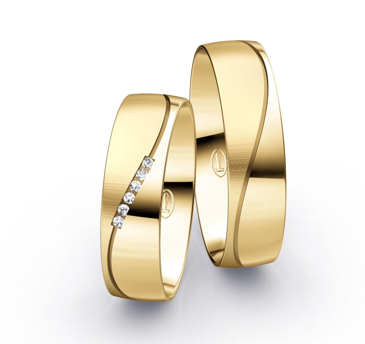 Eheringe aus Gelbgold mit zwei Oberflächen und 6 Diamanten in Rille