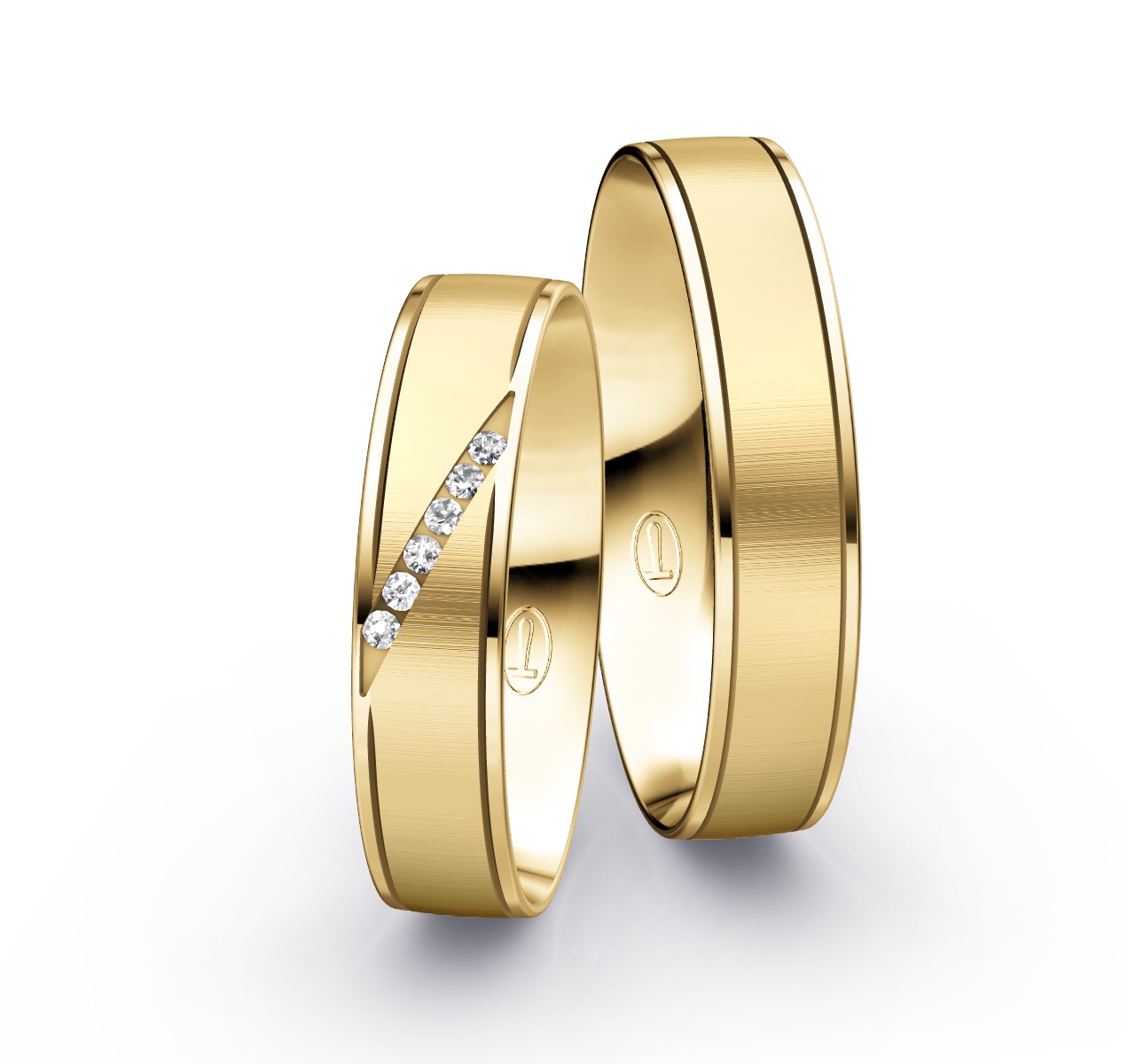 Eheringe aus Gelbgold in quermatter Oberfläche mit Diamanten und polierten Rändern
