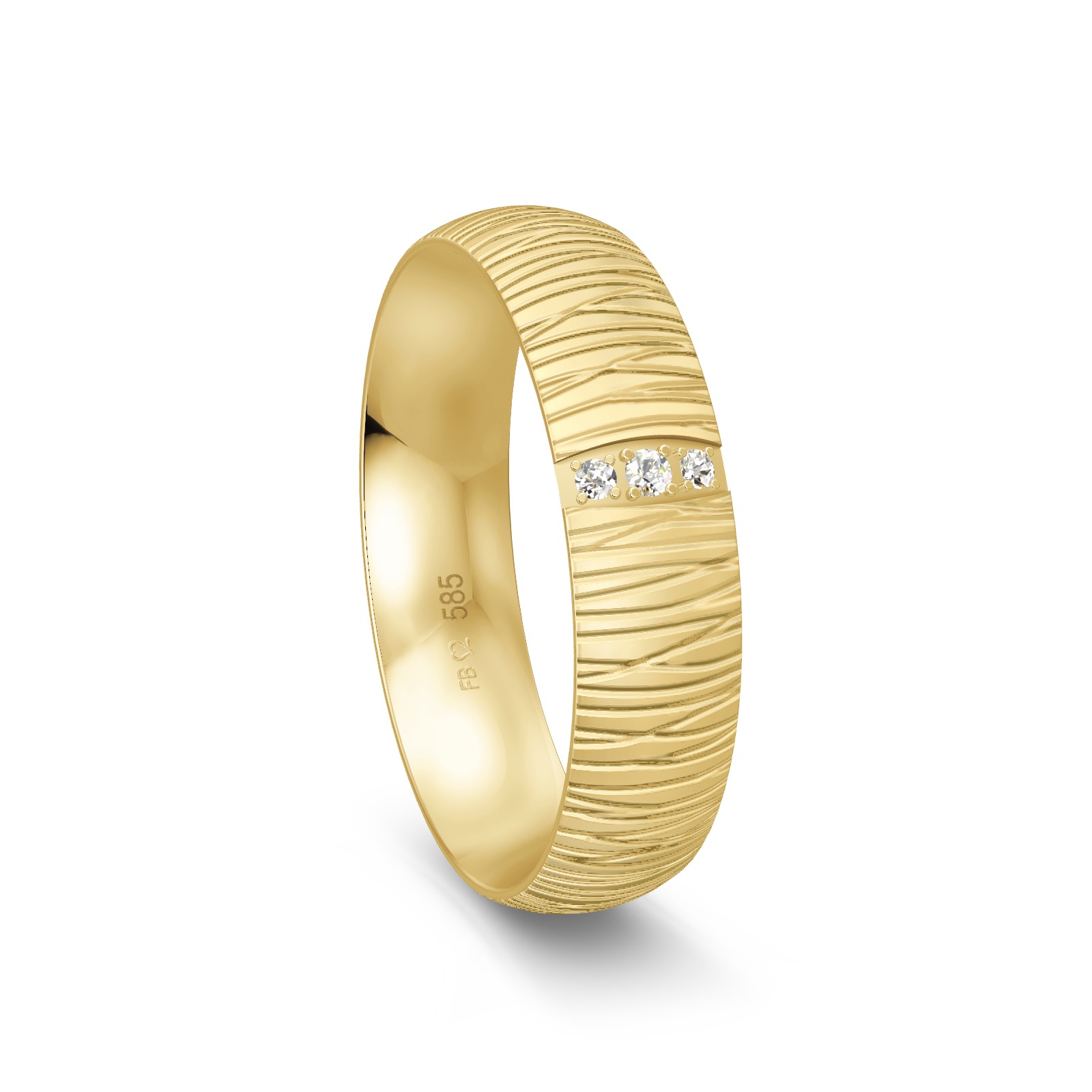 Ehering aus Gelbgold mit 3 Diamanten und besonderer Struktur mit Rillen