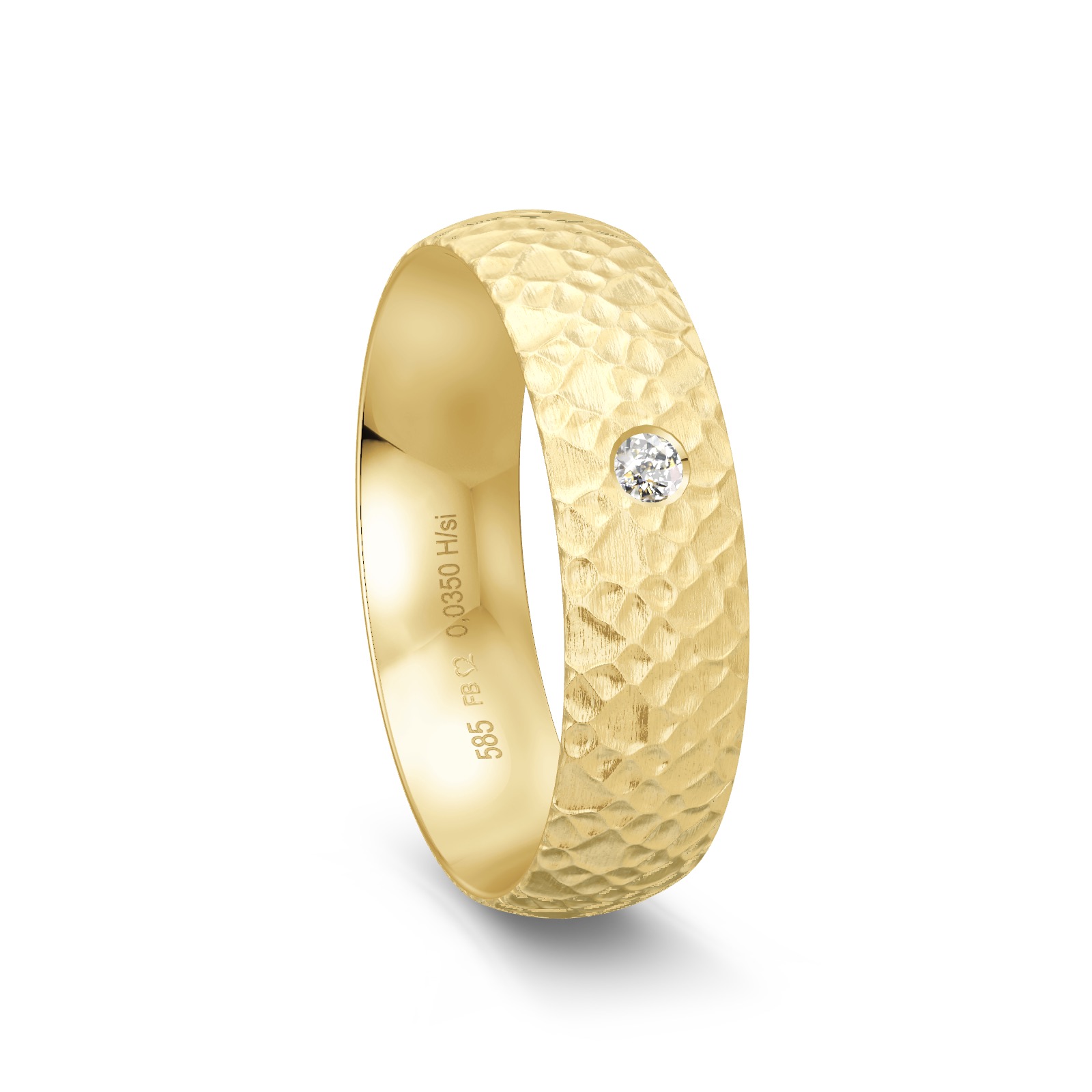Ehering aus Gelbgold mit mattierter Strukturierung als Hammerschlag und Diamant
