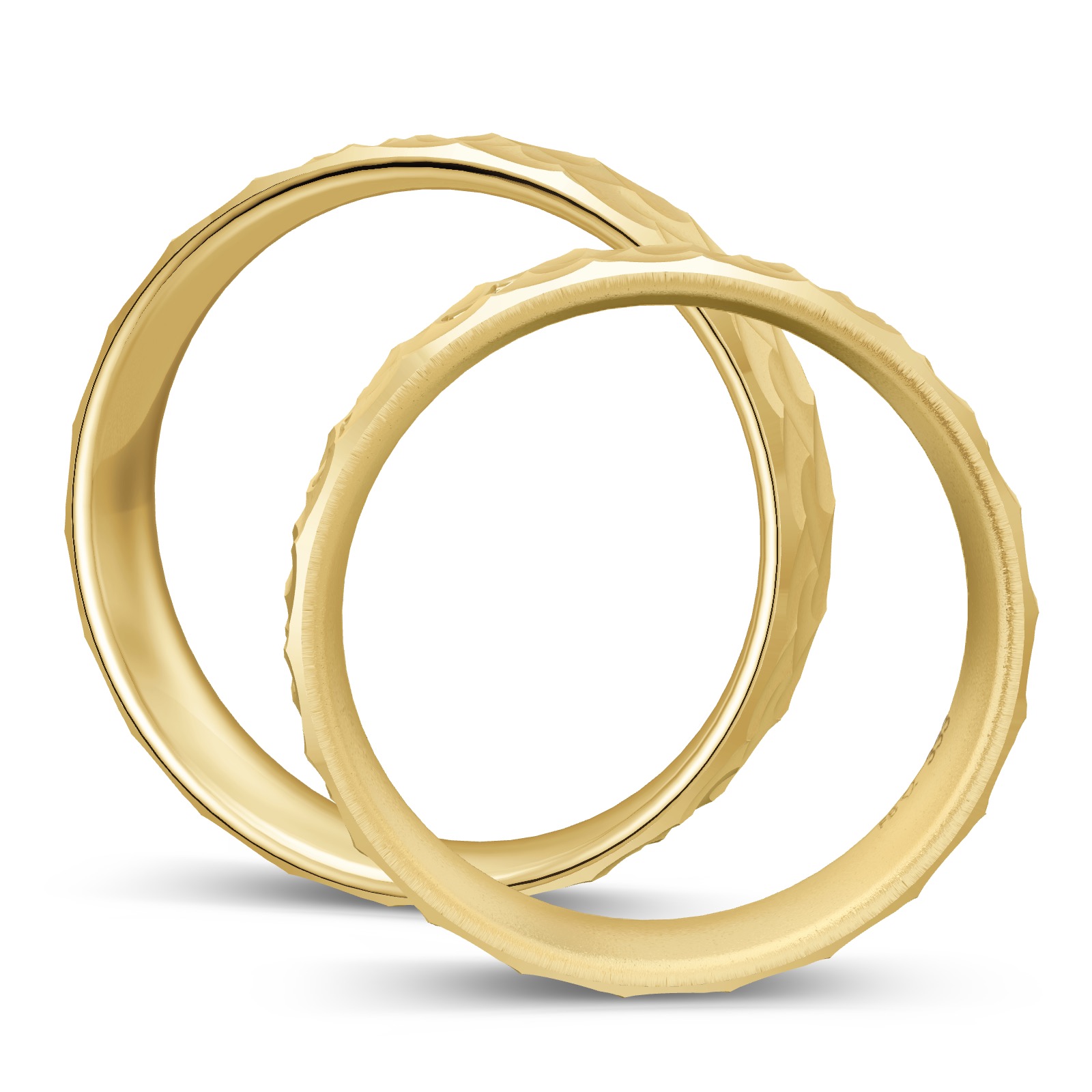 Sandmattierte Gelbgold Eheringe mit Oberflächenstruktur und 3 Diamanten in Seitenansicht