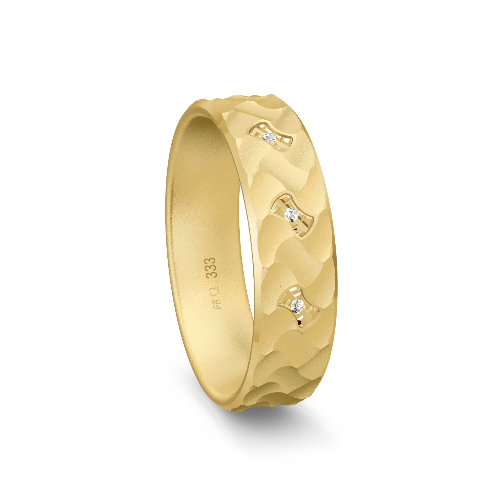 Sandmattierter Gelbgold Ehering mit Oberflächenstruktur und 3 Diamanten
